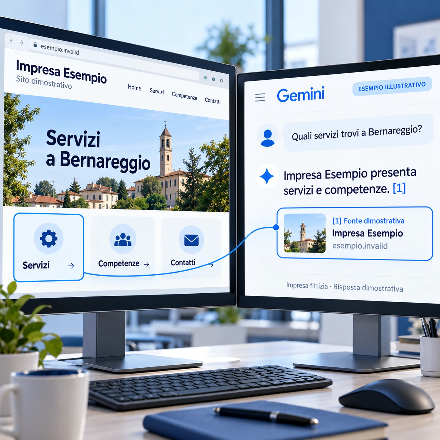 Consulenza GEO Bernareggio: sito di un’impresa fittizia affiancato a una risposta illustrativa Gemini che cita la stessa fonte.