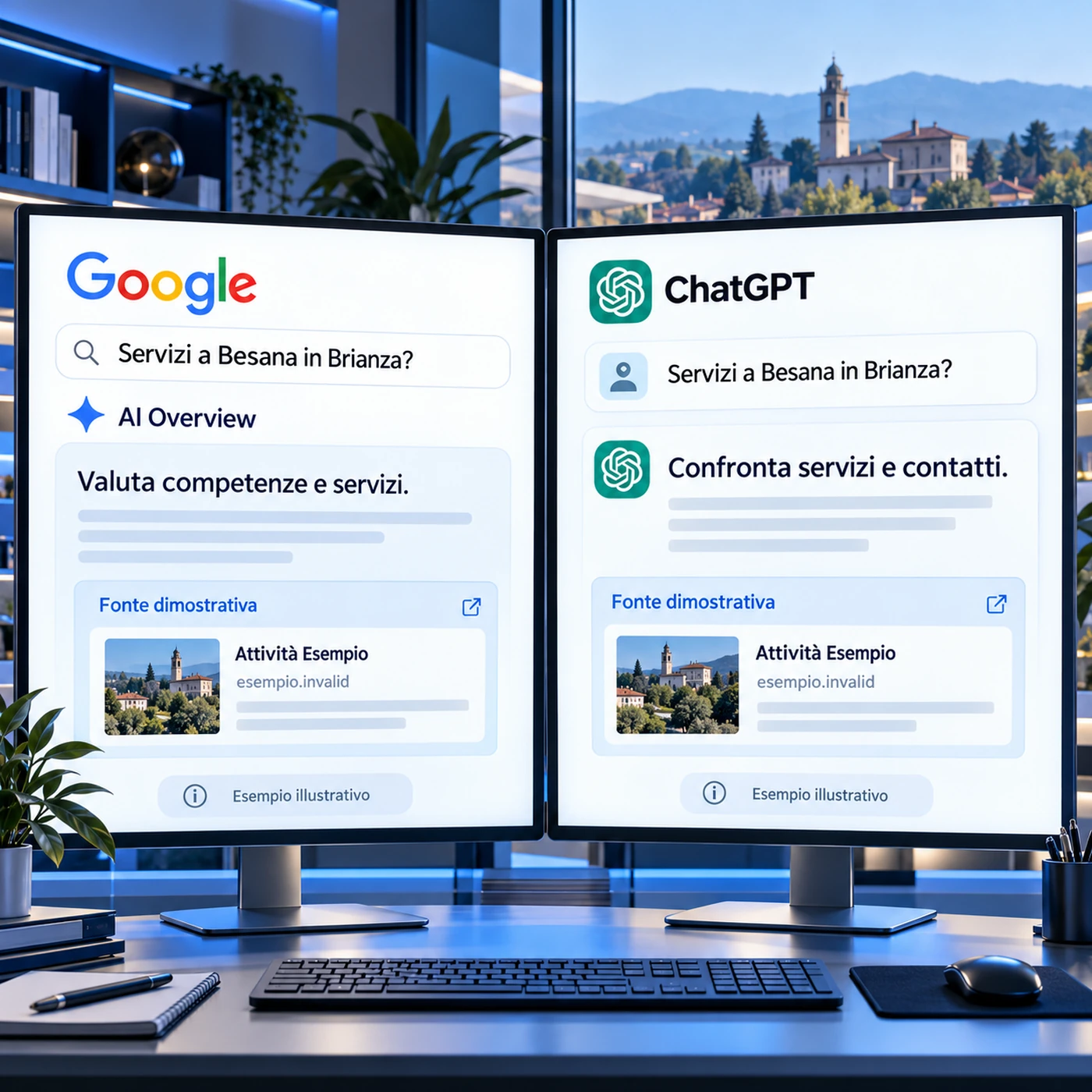 Consulenza GEO Besana in Brianza: due monitor con risposte illustrative Google AI Overview e ChatGPT e schede fonte di un’attività fittizia.