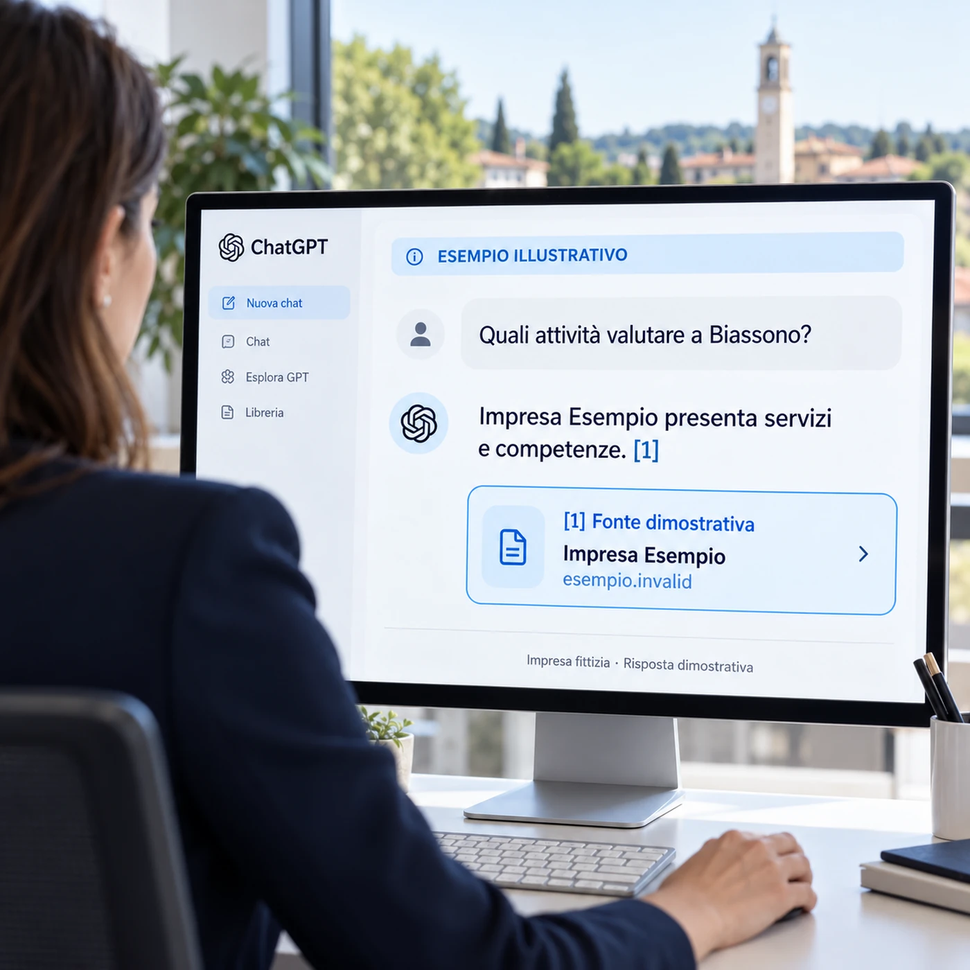 Consulenza GEO Biassono: professionista che osserva una risposta illustrativa ChatGPT con citazione di un’attività fittizia su un grande monitor.