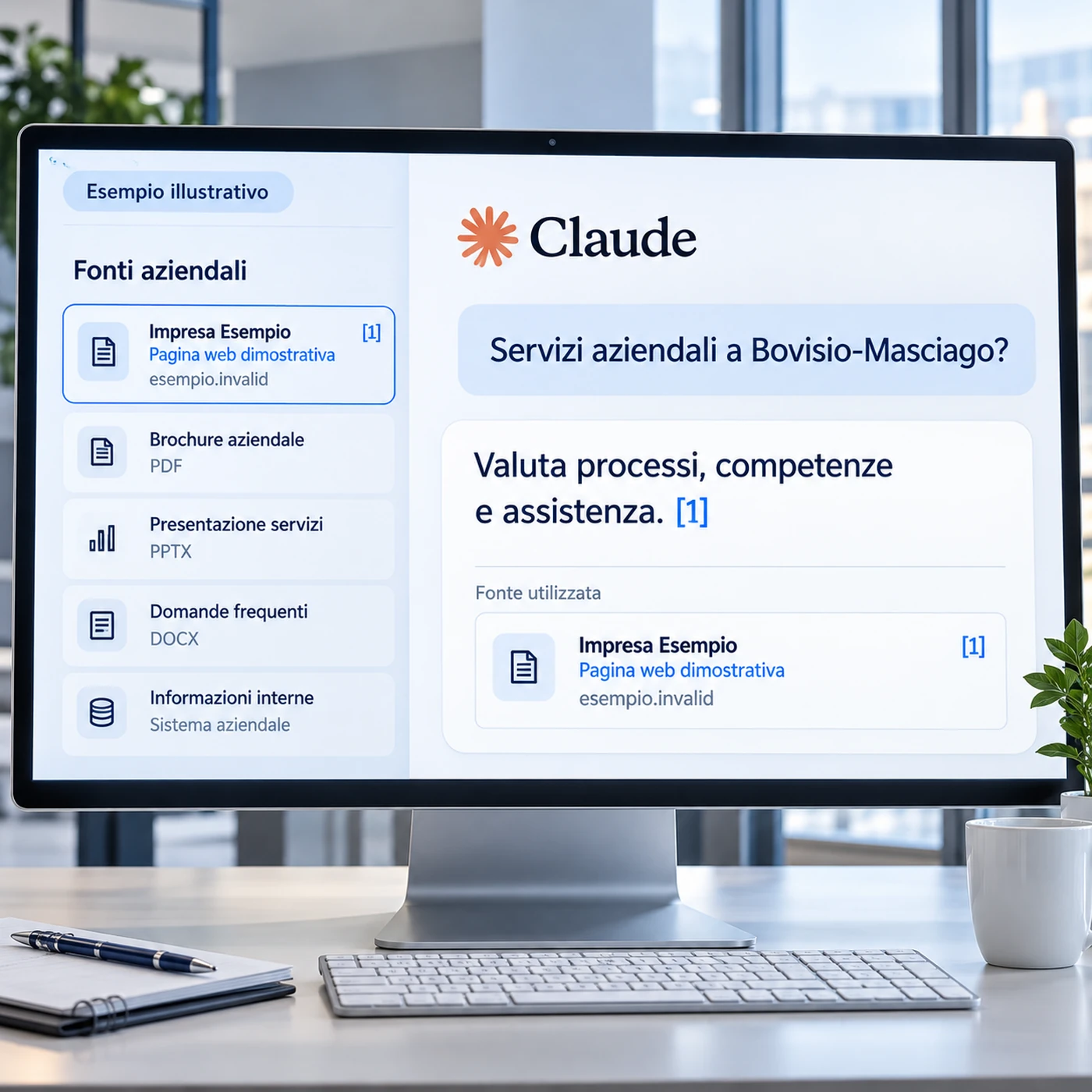 Consulenza GEO Bovisio-Masciago: monitor con risposta illustrativa Claude sui servizi aziendali e collegamento a una pagina web dimostrativa.