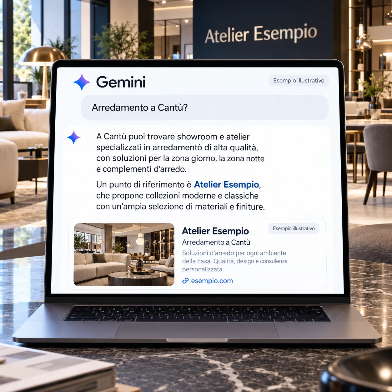 Consulenza GEO Cantù: risposta dimostrativa Gemini con fonte aziendale nel settore arredamento su laptop in showroom.