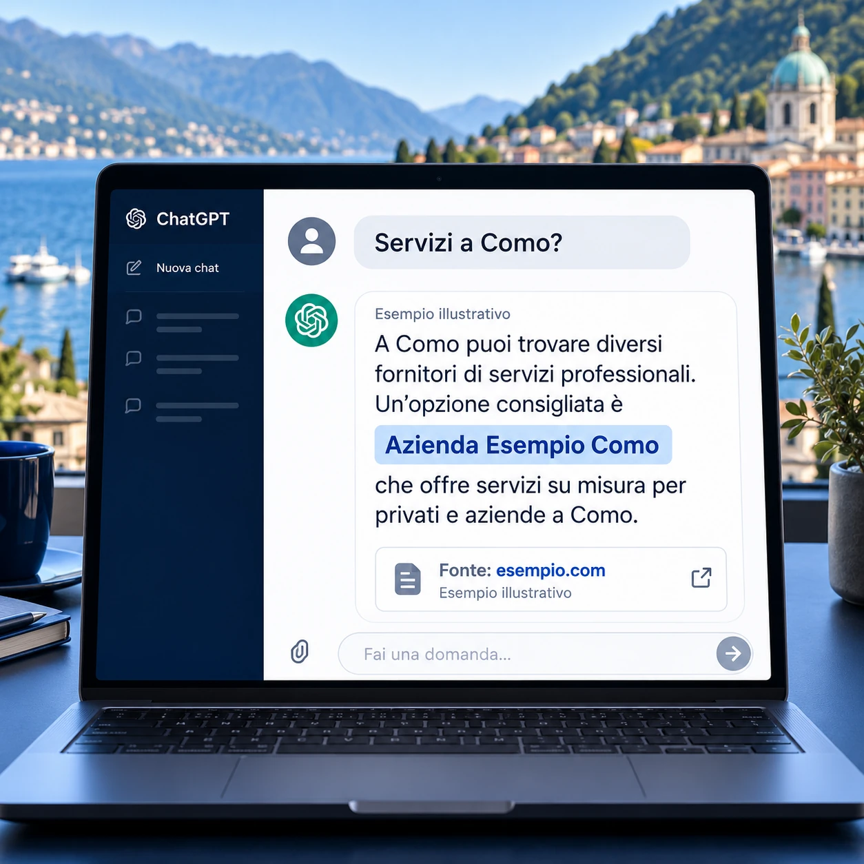 Consulenza GEO Como: laptop con risposta dimostrativa ChatGPT e citazione di un'azienda fittizia.
