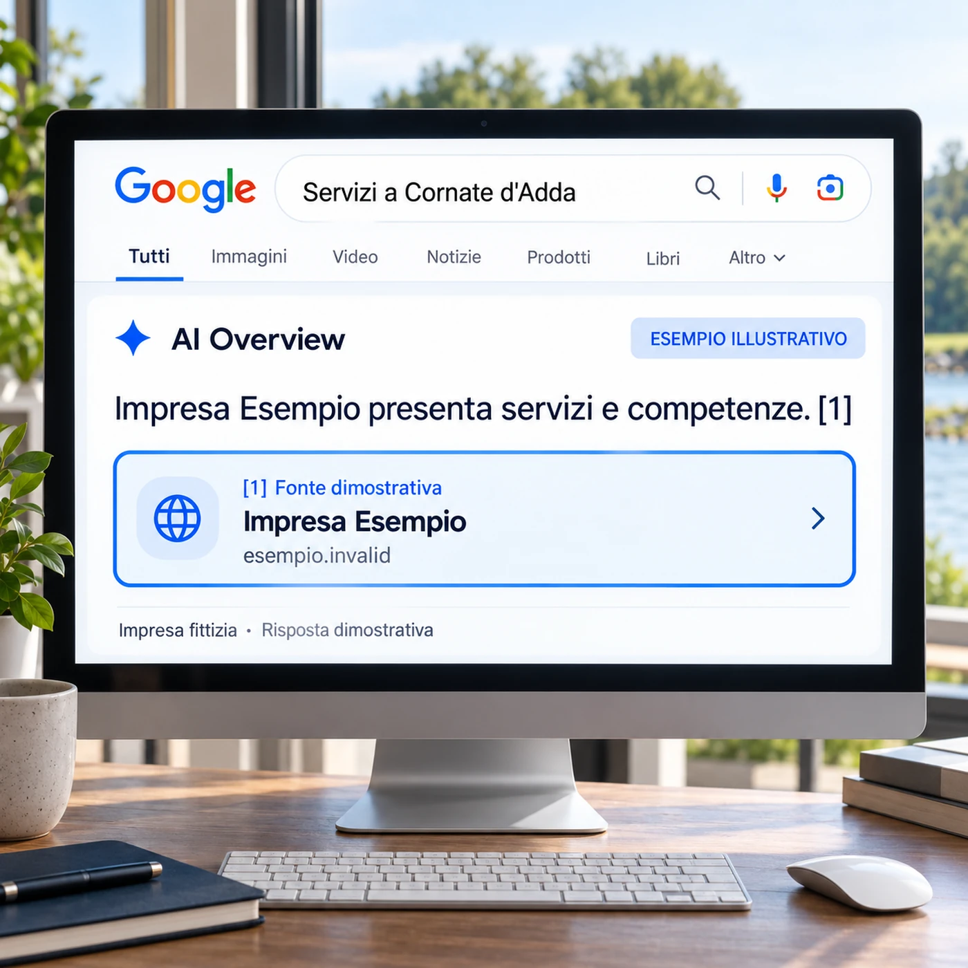 Consulenza GEO Cornate d’Adda: grande monitor con Google AI Overview illustrativa su un servizio locale e scheda fonte dimostrativa.