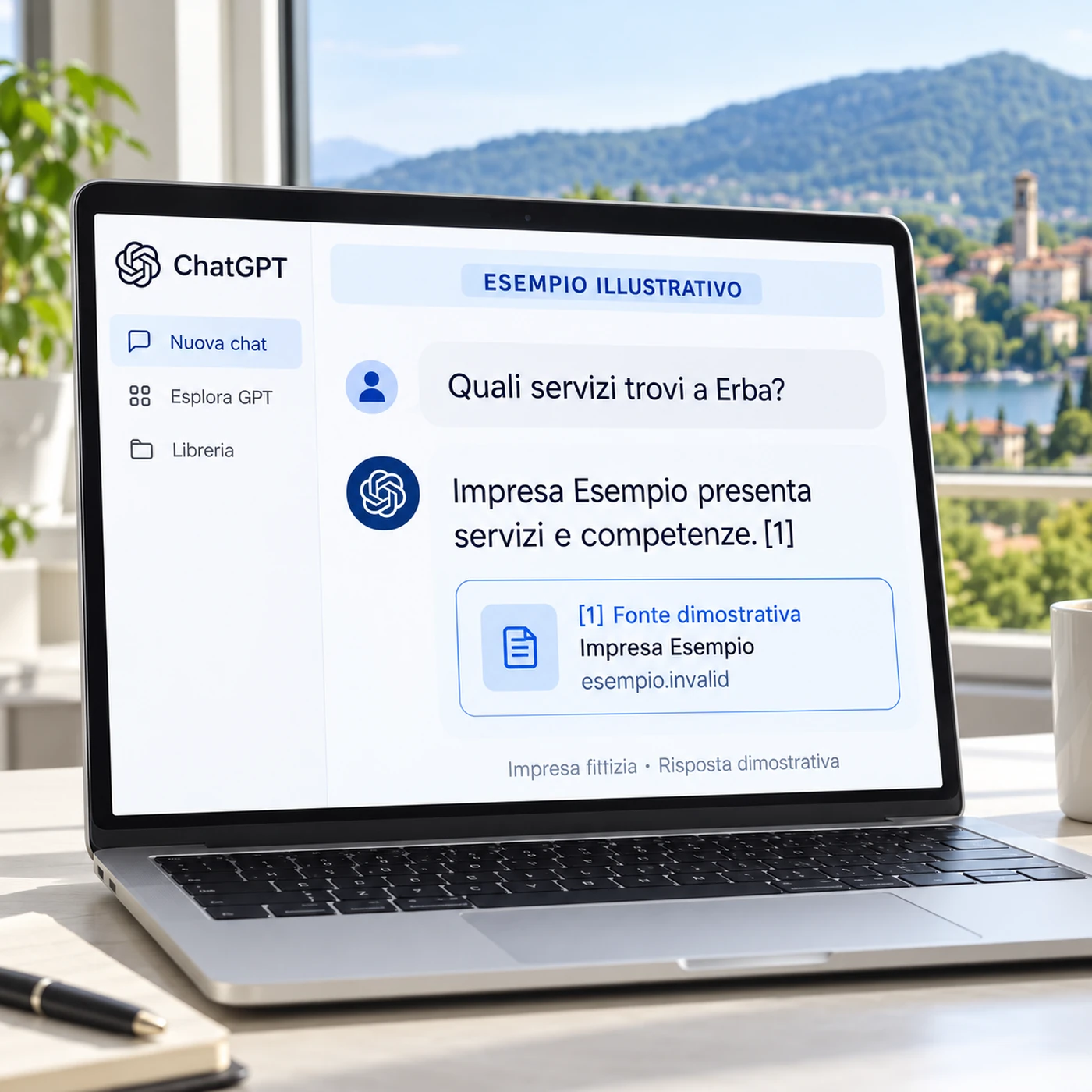Consulenza GEO Erba: laptop con risposta illustrativa ChatGPT sui servizi locali e citazione di un’impresa fittizia.
