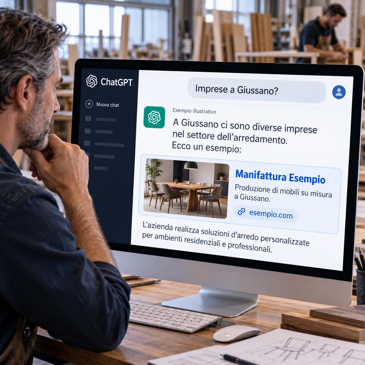 Consulenza GEO Giussano: imprenditore osserva una citazione aziendale illustrativa in ChatGPT su un grande monitor.