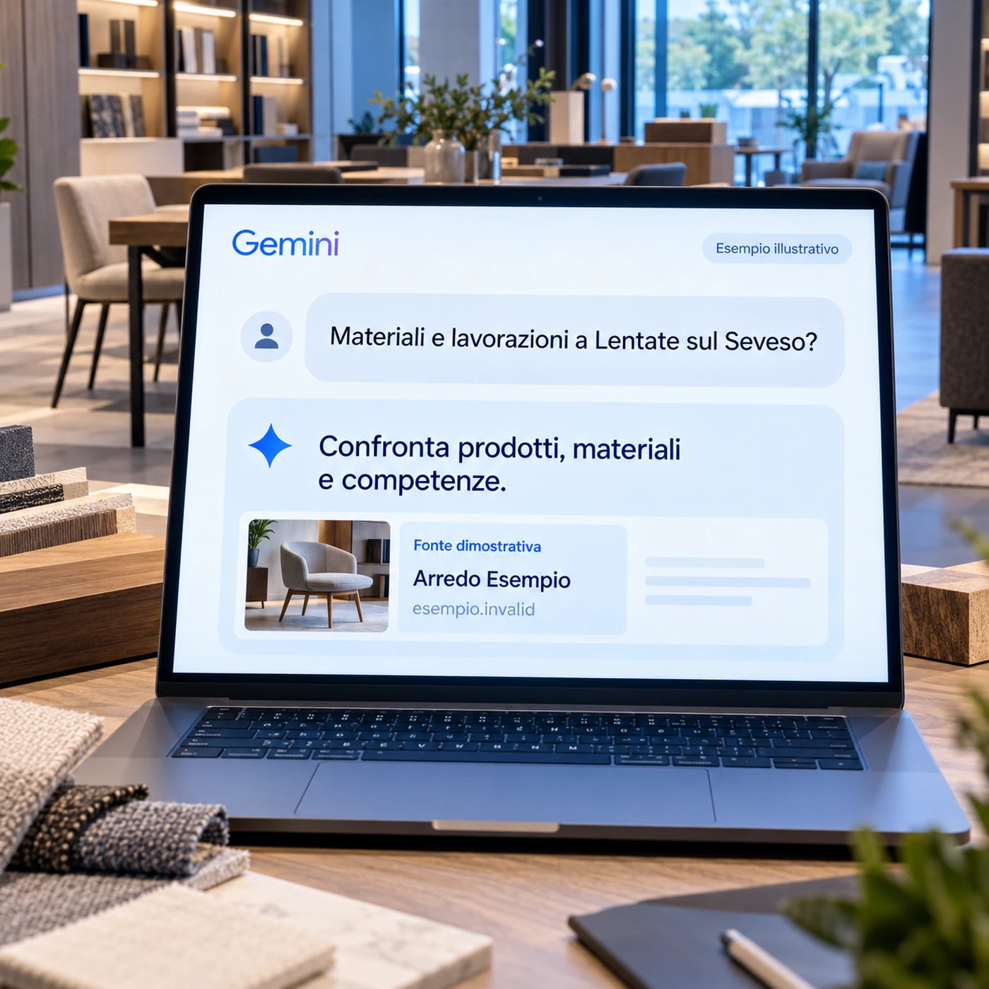 Consulenza GEO Lentate sul Seveso: laptop in uno showroom di arredi con risposta illustrativa Gemini su materiali e lavorazioni e fonte dimostrativa.