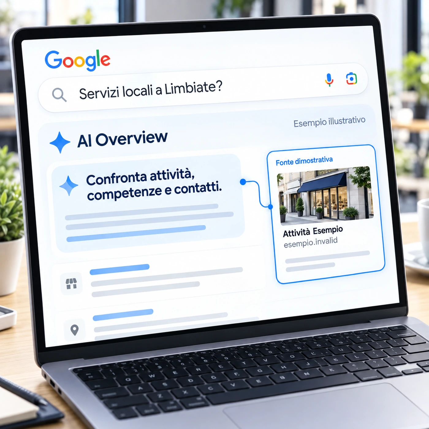 Consulenza GEO Limbiate: laptop con AI Overview illustrativa di Google e scheda fonte di un’attività fittizia.