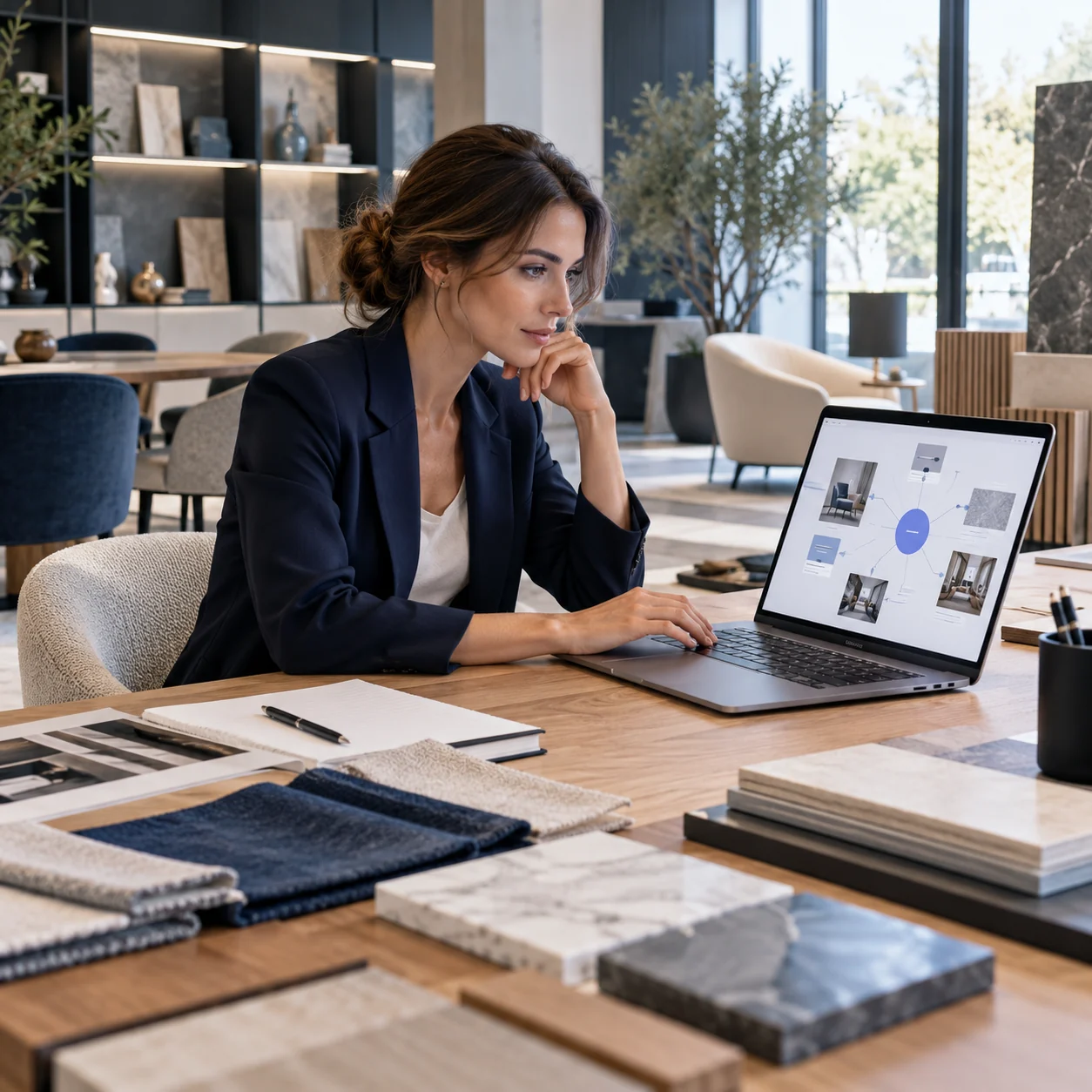 Consulenza GEO Lissone: professionista che analizza contenuti digitali su laptop in uno showroom di arredamento.
