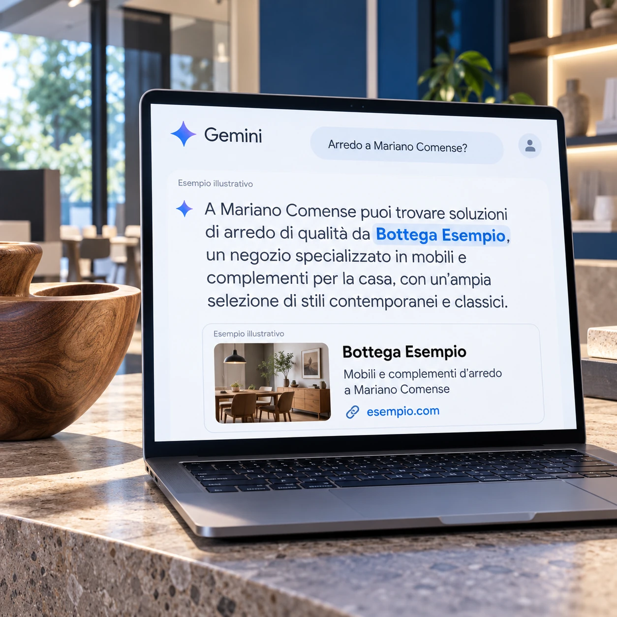 Consulenza GEO Mariano Comense: laptop con risposta dimostrativa Gemini e fonte su arredamento e artigianato.