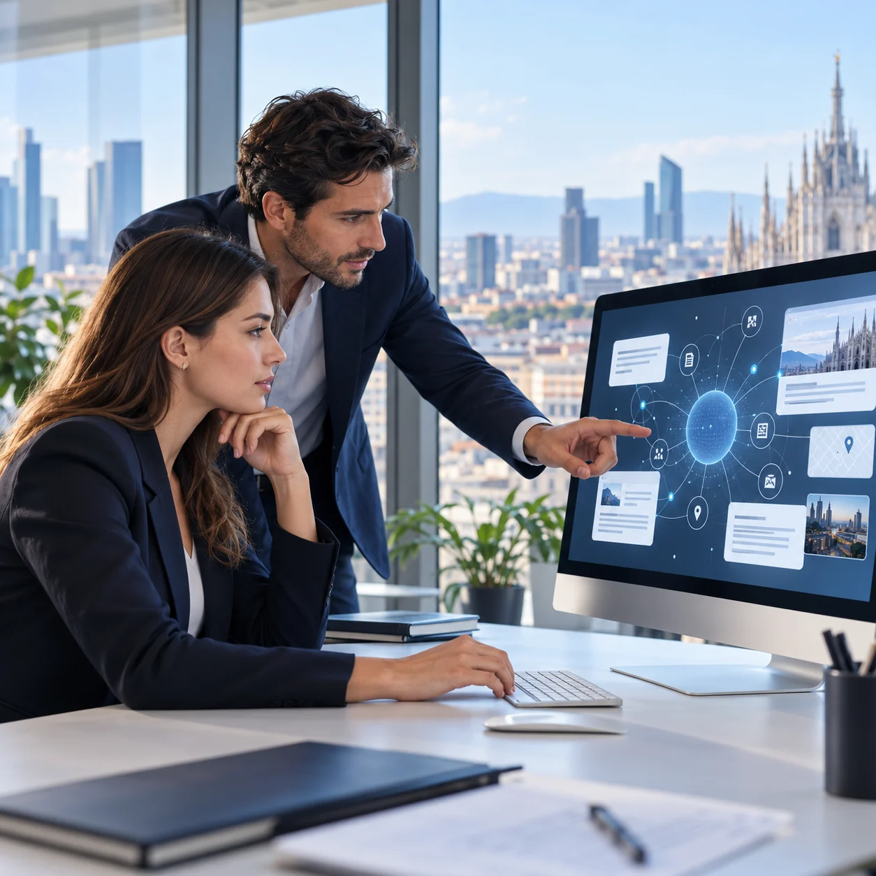 Consulenza GEO Milano: professionisti che analizzano informazioni digitali e ricerche AI su monitor.