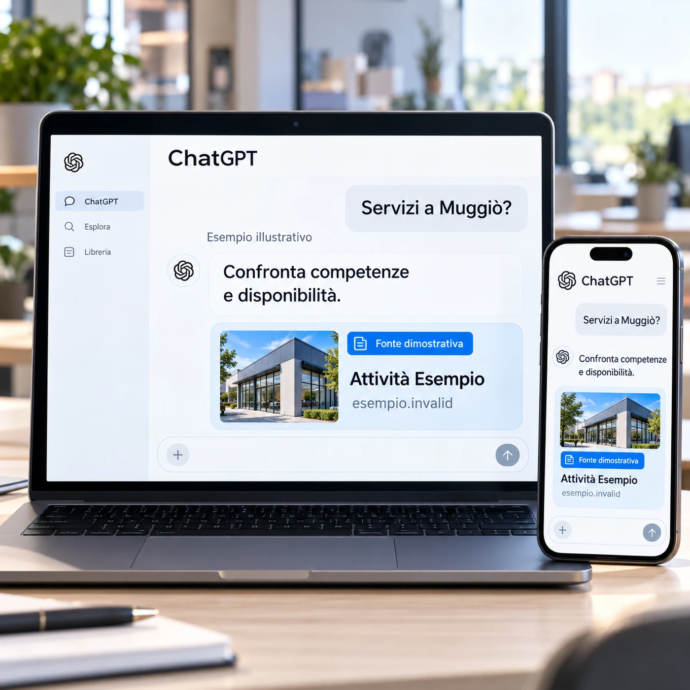 Consulenza GEO Muggiò: laptop e smartphone con risposta illustrativa ChatGPT e scheda di un’attività fittizia.