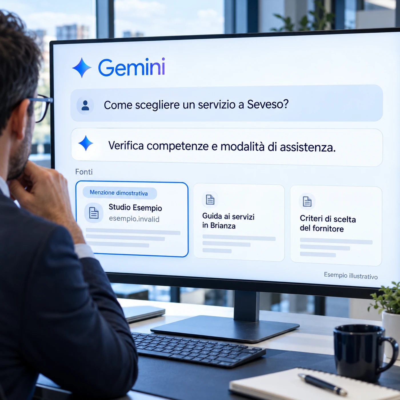 Consulenza GEO Seveso: professionista che osserva su monitor una risposta illustrativa Gemini con fonte aziendale dimostrativa.
