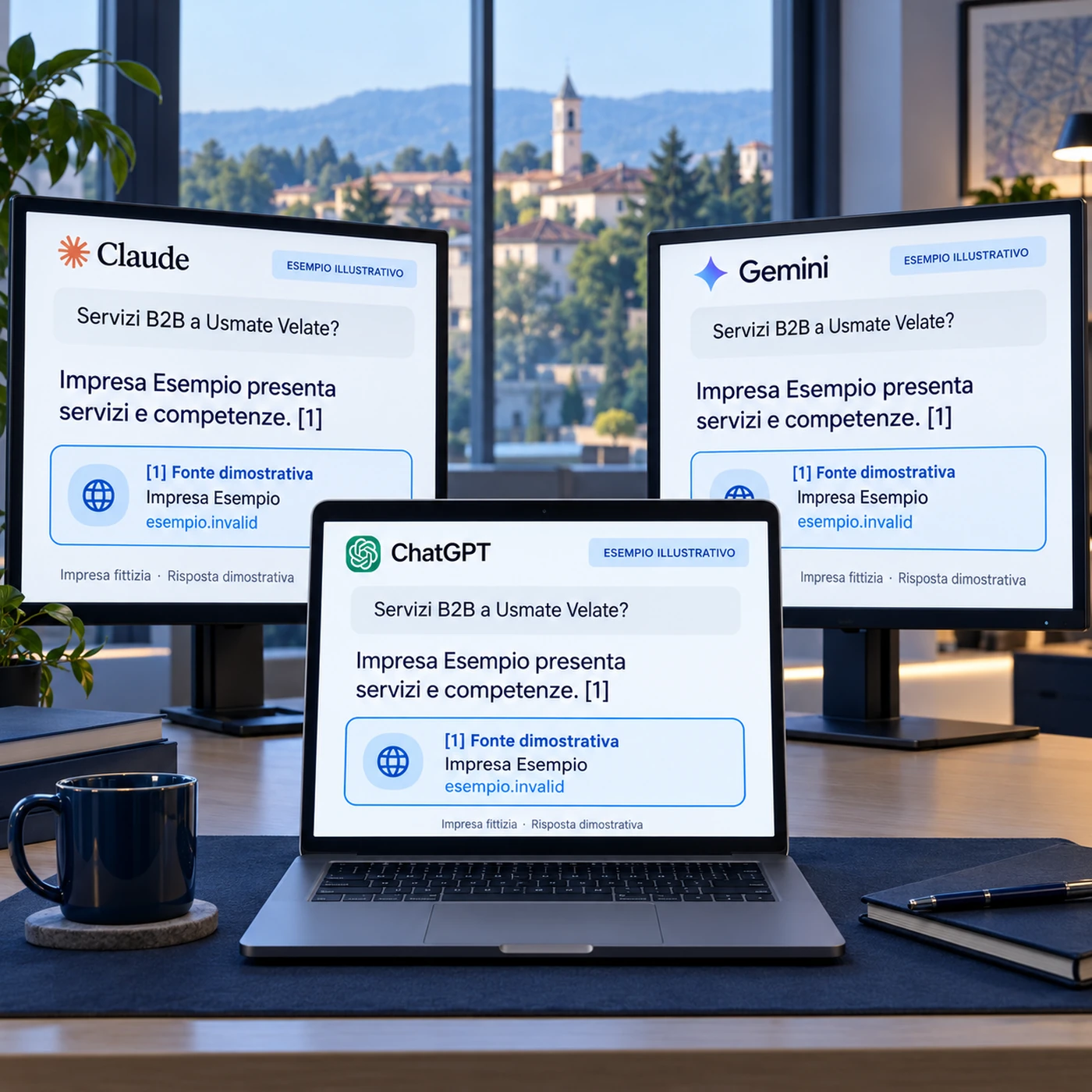 Consulenza GEO Usmate Velate: laptop e monitor con risposte illustrative ChatGPT, Claude e Gemini che citano la stessa impresa fittizia.