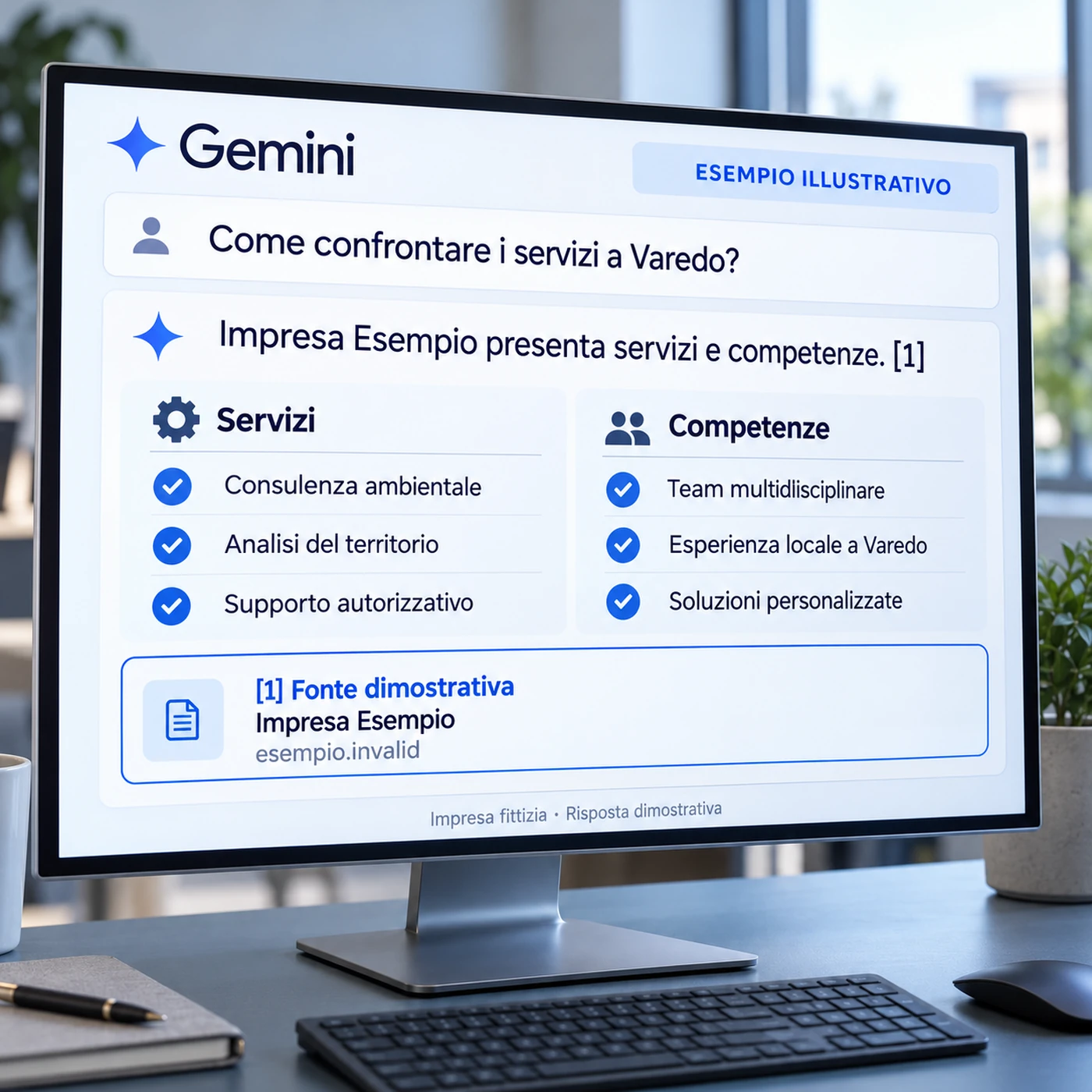 Consulenza GEO Varedo: monitor con confronto illustrativo Gemini tra servizi e competenze e citazione di una fonte aziendale dimostrativa.