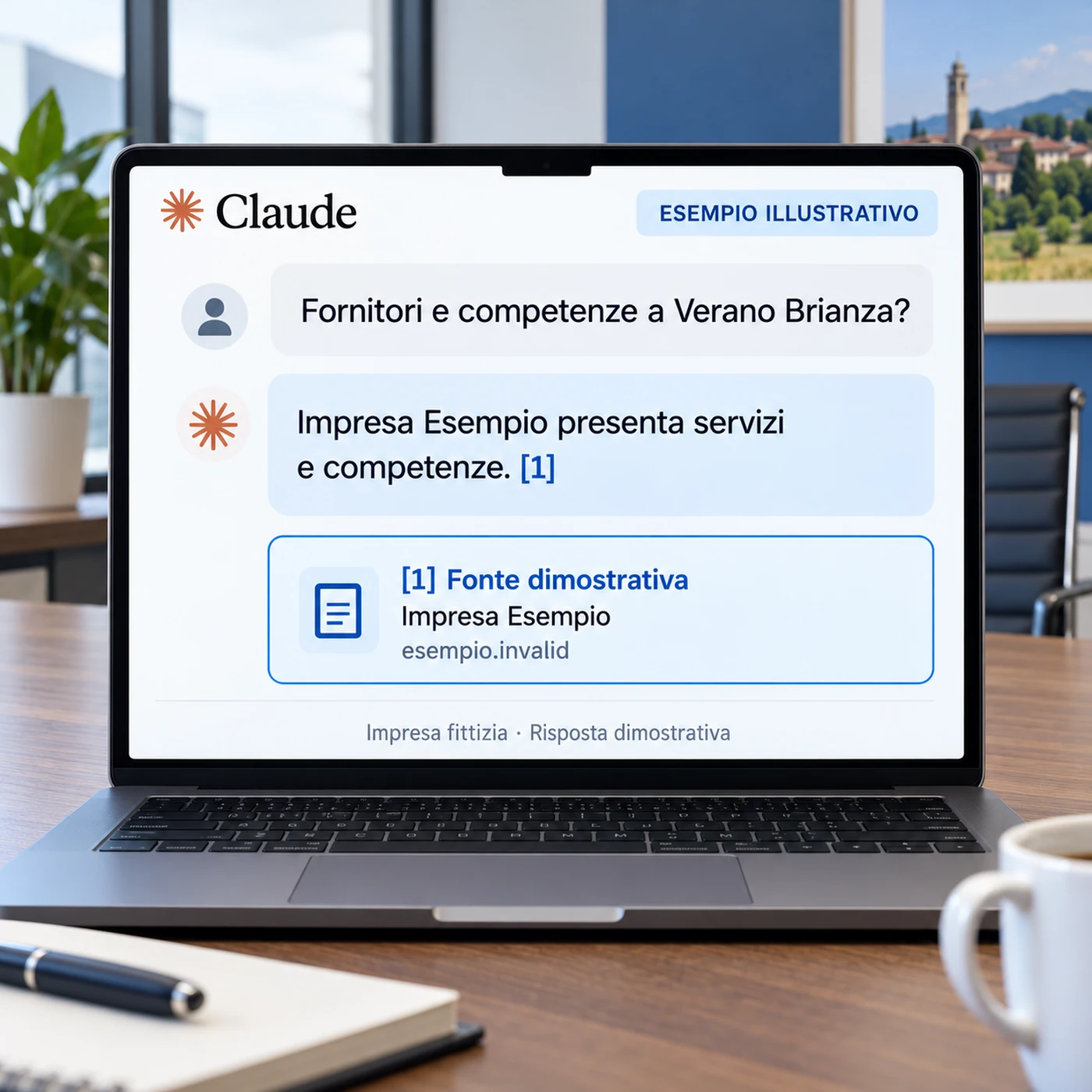 Consulenza GEO Verano Brianza: laptop con risposta dimostrativa Claude su fornitori e competenze e fonte aziendale fittizia evidenziata.