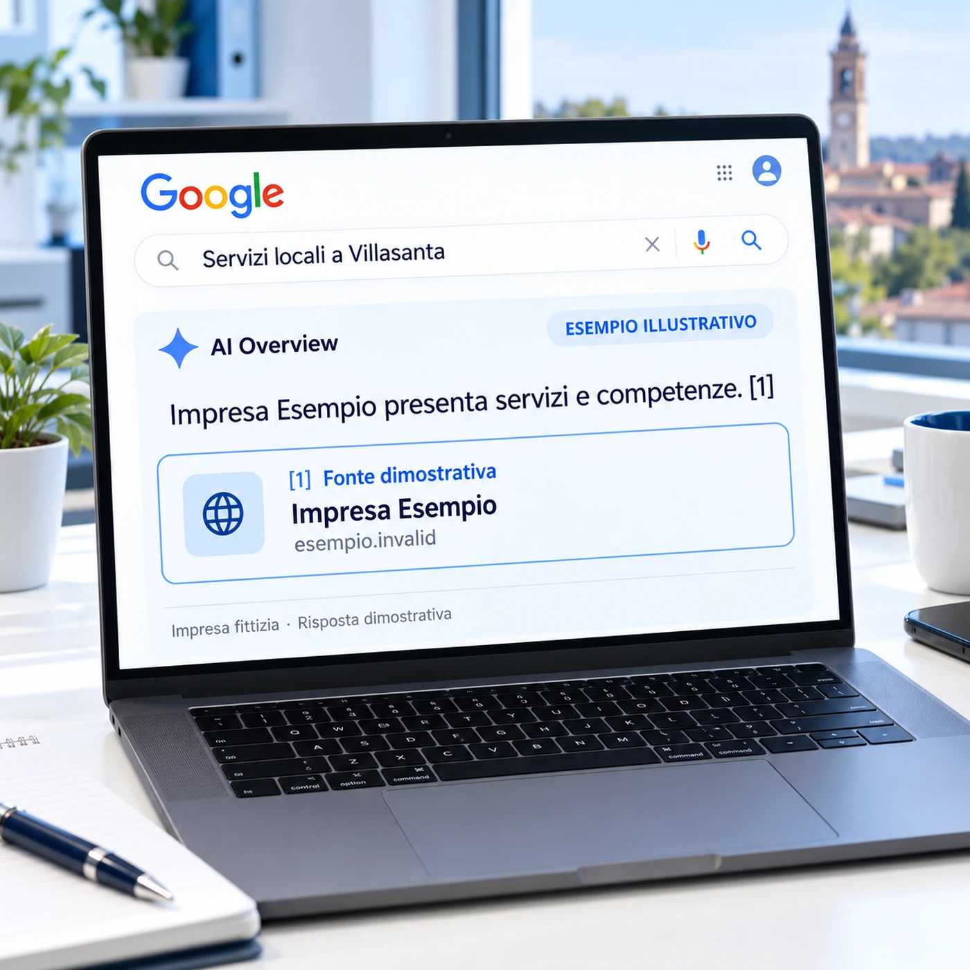 Consulenza GEO Villasanta: laptop con Google AI Overview illustrativa sui servizi locali e scheda fonte di un’impresa fittizia.