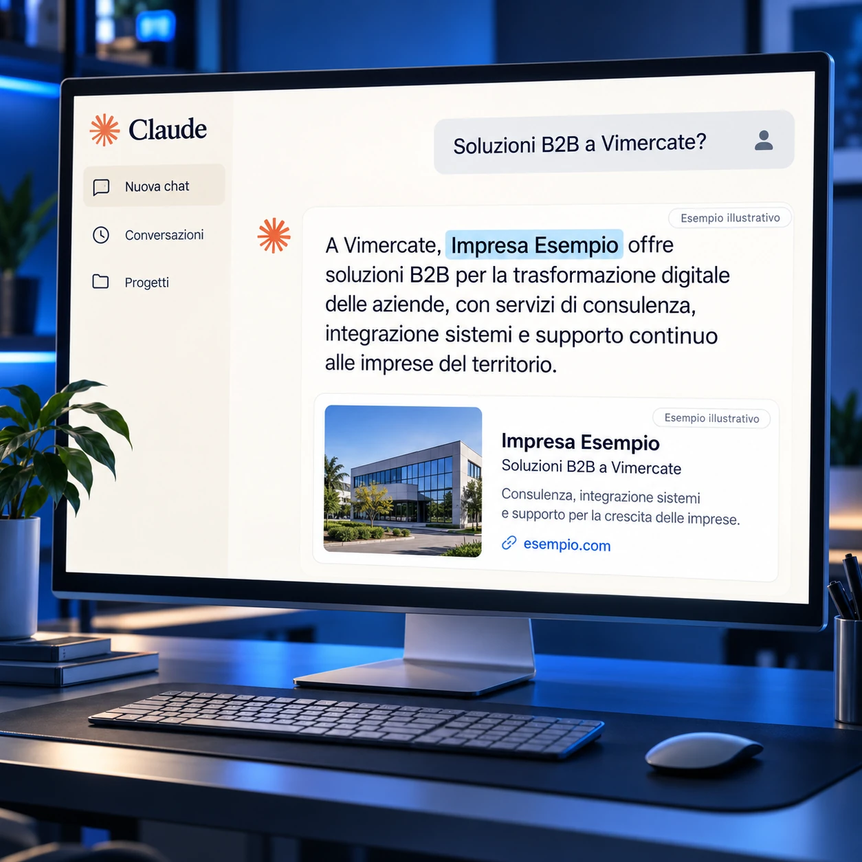Consulenza GEO Vimercate: monitor con risposta illustrativa Claude e fonte aziendale per soluzioni B2B.