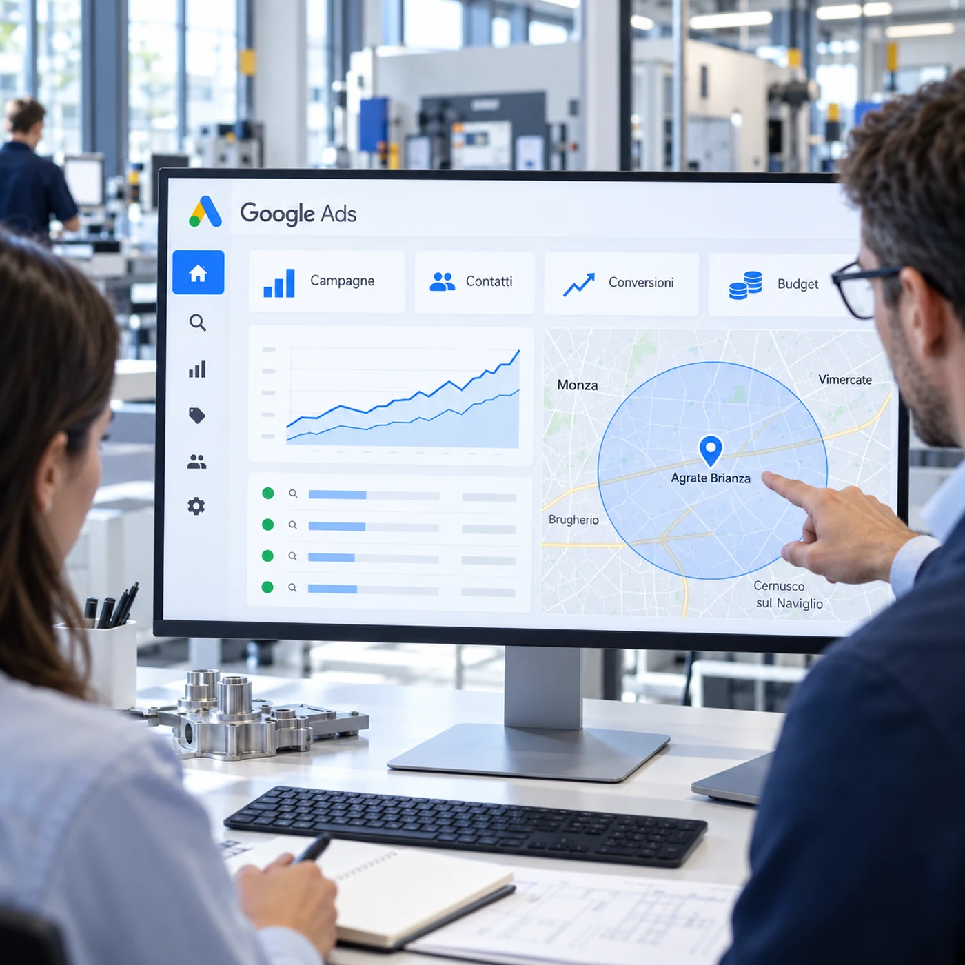 Google Ads Agrate Brianza: professionisti analizzano campagne e targeting geografico su monitor in ambiente industriale.