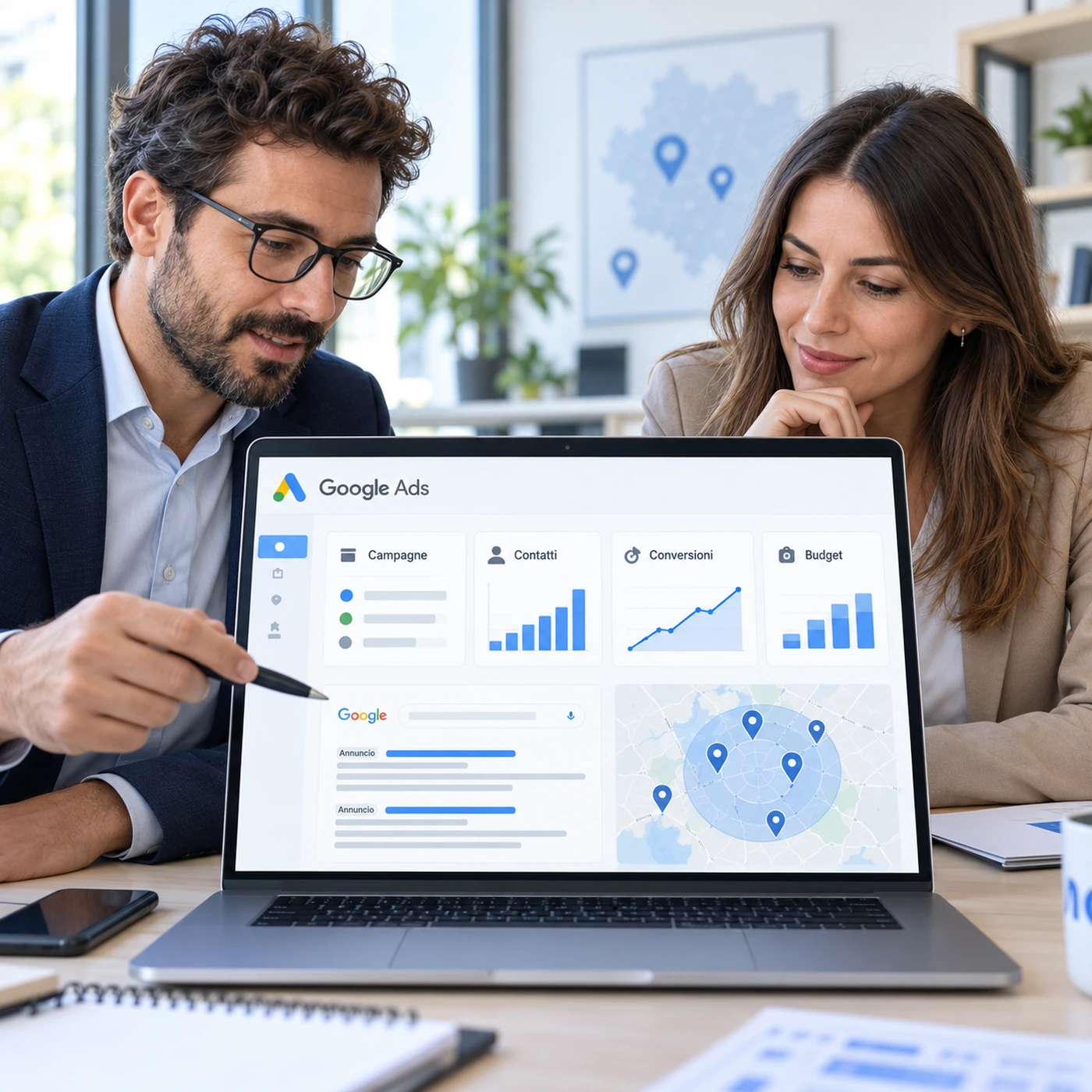 Google Ads Arcore: analisi di campagne pubblicitarie su laptop in un ambiente professionale.