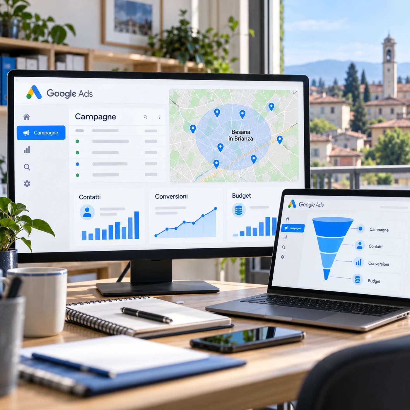 Google Ads Besana in Brianza: analisi di campagne pubblicitarie su laptop in un contesto professionale.