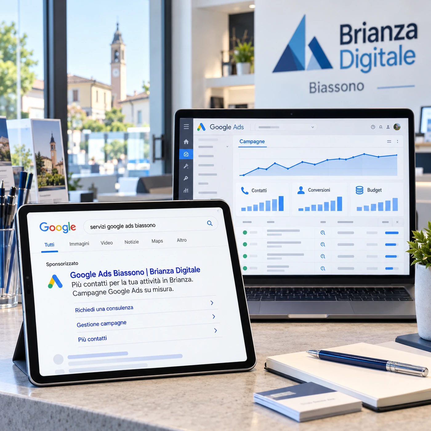 Google Ads Biassono: professionista che controlla campagne e dati pubblicitari su laptop.
