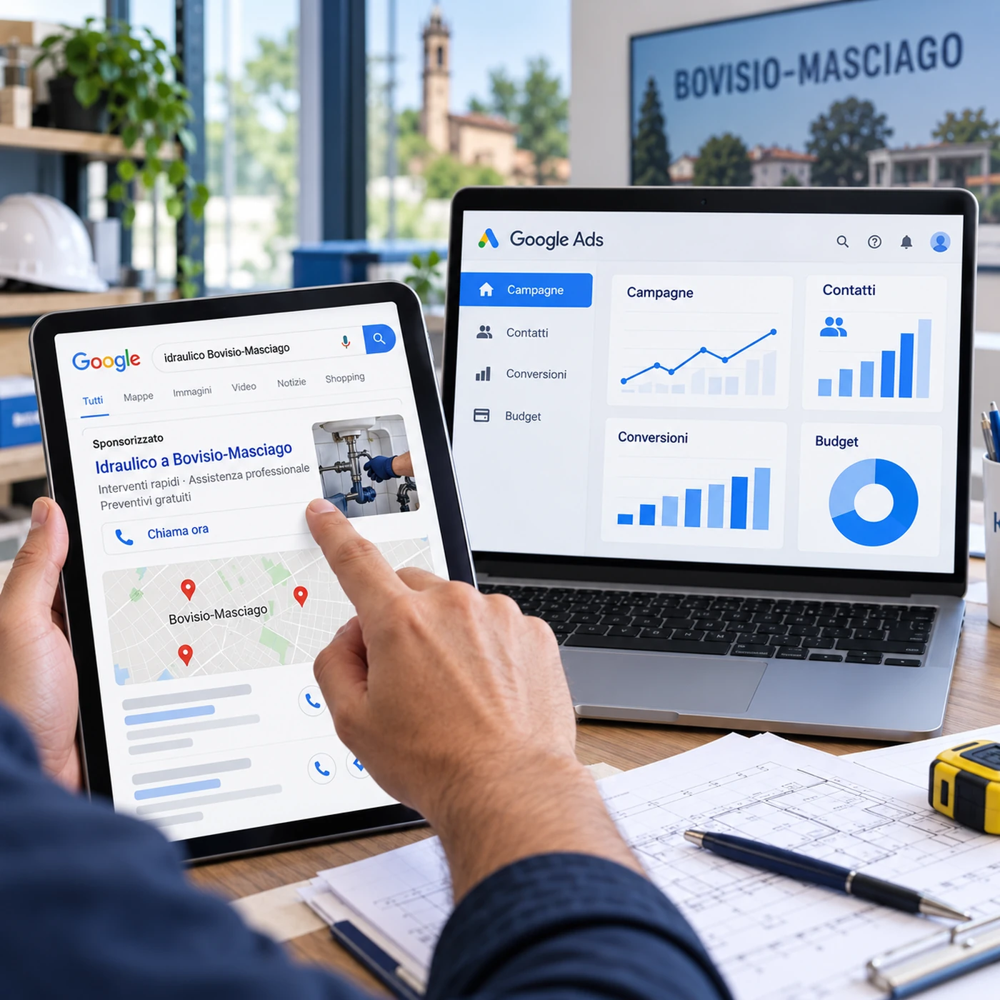 Google Ads Bovisio-Masciago: professionista che consulta i dati delle campagne pubblicitarie su laptop.