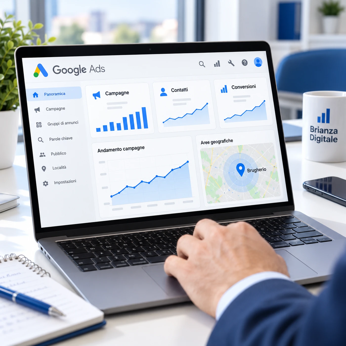 Google Ads Brugherio: analisi su laptop di campagne, contatti, conversioni e targeting geografico.