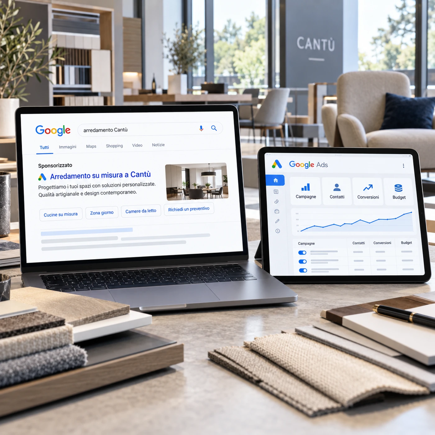 Google Ads Cantù: laptop e tablet con annunci e dashboard pubblicitaria in uno showroom di arredamento.