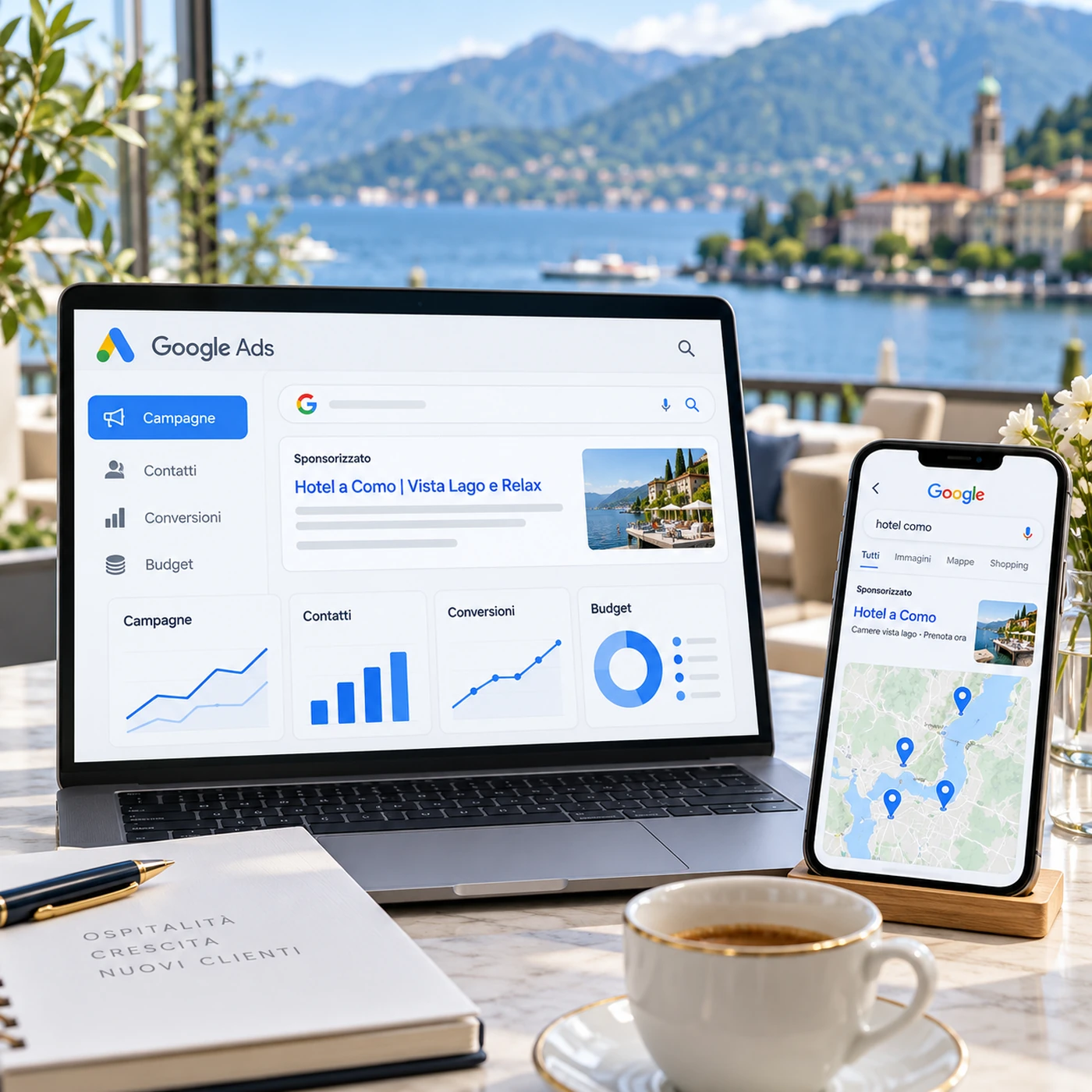 Google Ads Como: laptop e smartphone con campagne pubblicitarie e targeting locale in un ufficio affacciato sul lago.