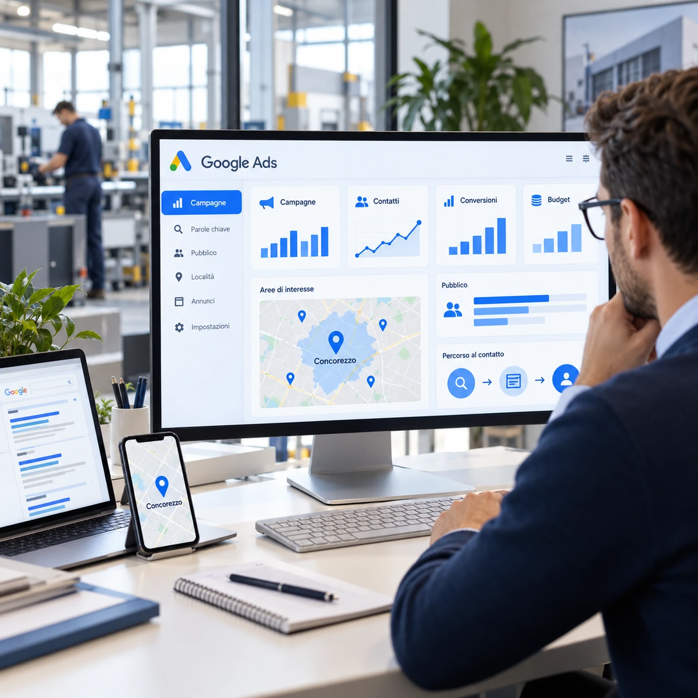 Google Ads Concorezzo: analisi professionale di annunci e dati pubblicitari su laptop.