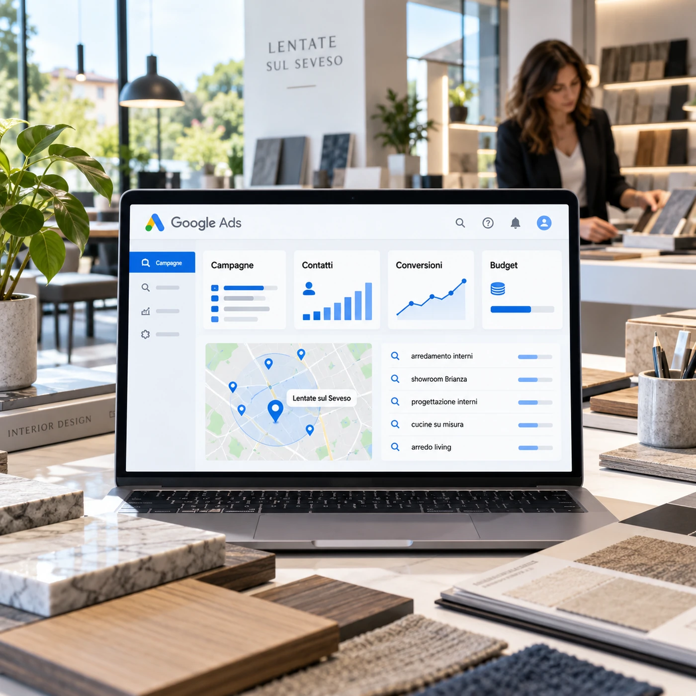 Google Ads Lentate sul Seveso: dashboard pubblicitaria consultata su laptop in ufficio.