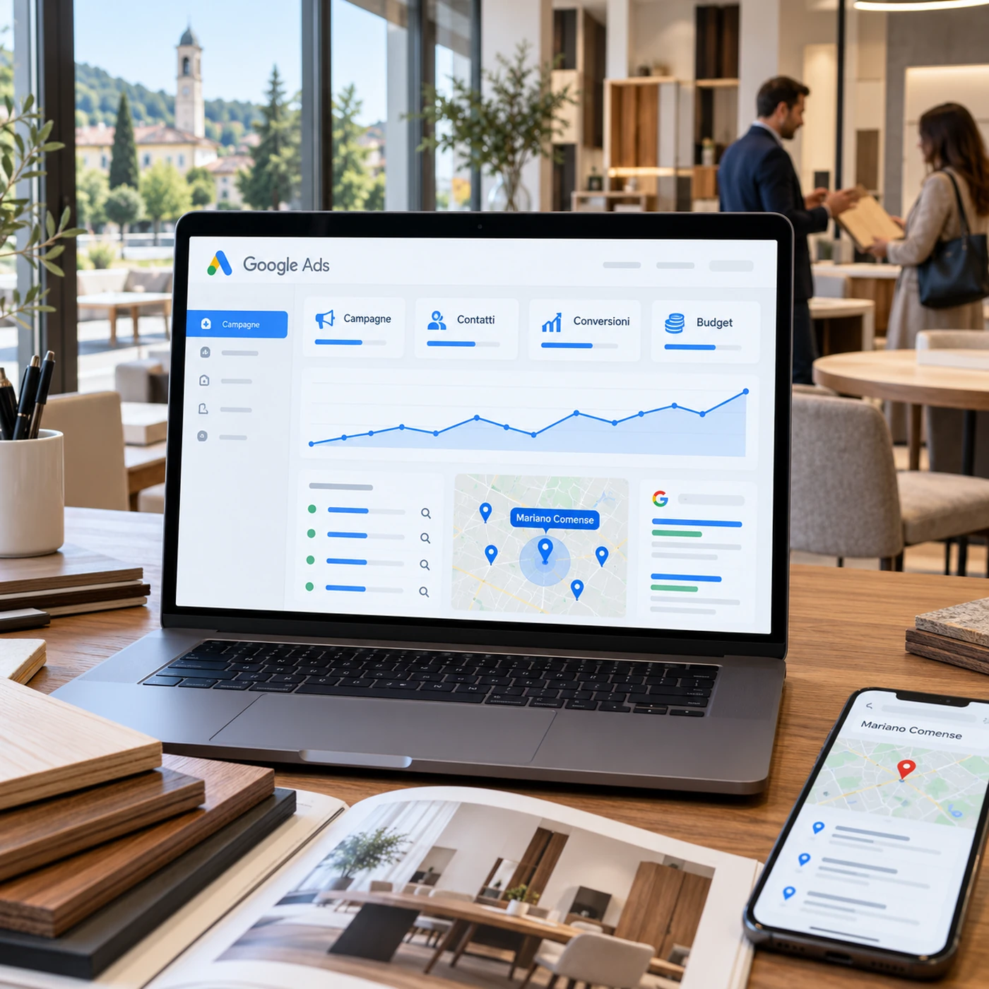 Google Ads Mariano Comense: laptop con dashboard campagne e smartphone in uno showroom di arredamento.