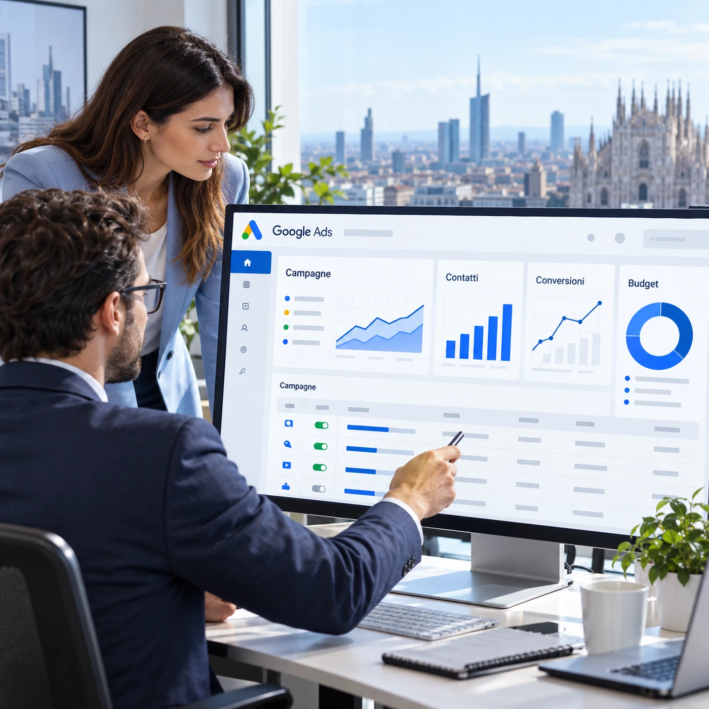 Google Ads Milano: analisi professionale di campagne pubblicitarie su laptop in un ufficio moderno.