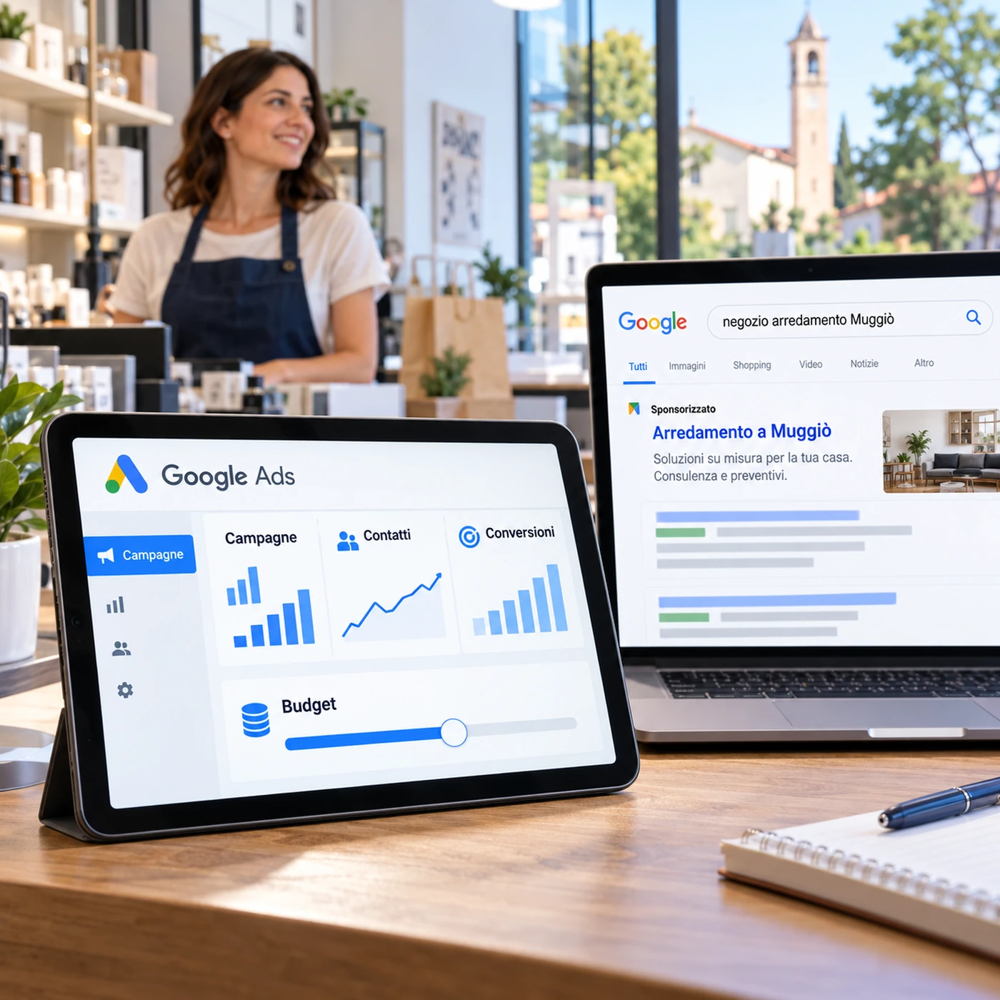 Google Ads Muggiò: tablet con dashboard pubblicitaria e laptop con annuncio sponsorizzato in un’attività commerciale.