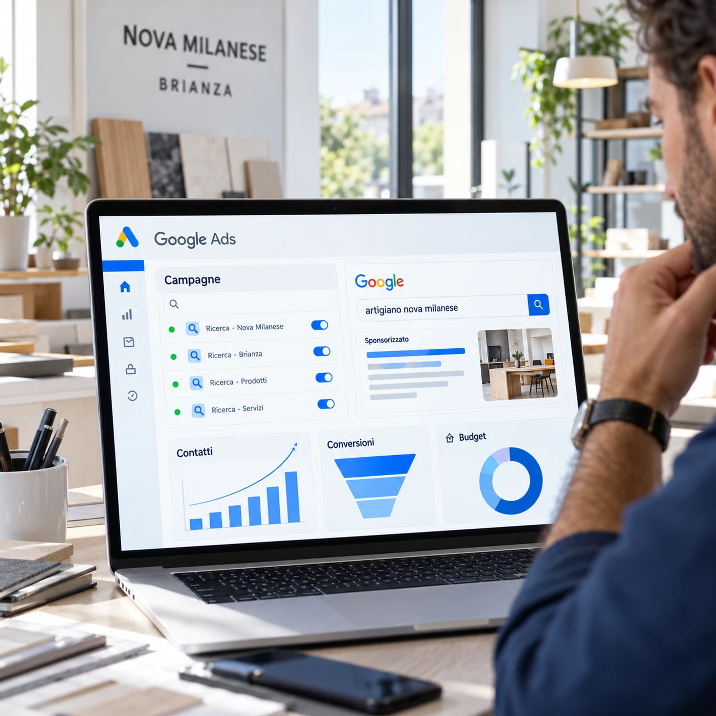 Google Ads Nova Milanese: professionista esamina campagne, contatti e budget su laptop in ufficio.
