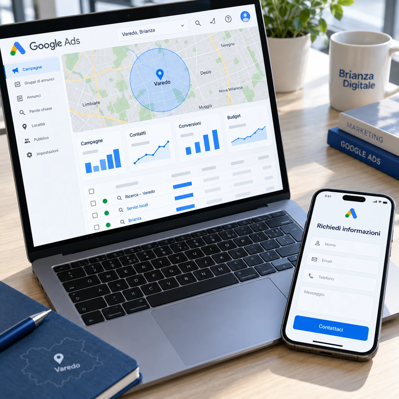 Google Ads Varedo: professionista che analizza una dashboard di campagne pubblicitarie su laptop.