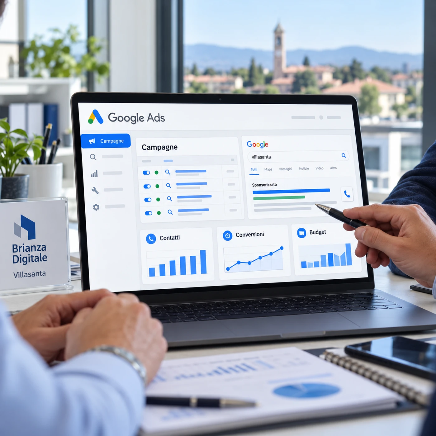 Google Ads Villasanta: dati di campagne pubblicitarie analizzati su laptop in ambiente aziendale.