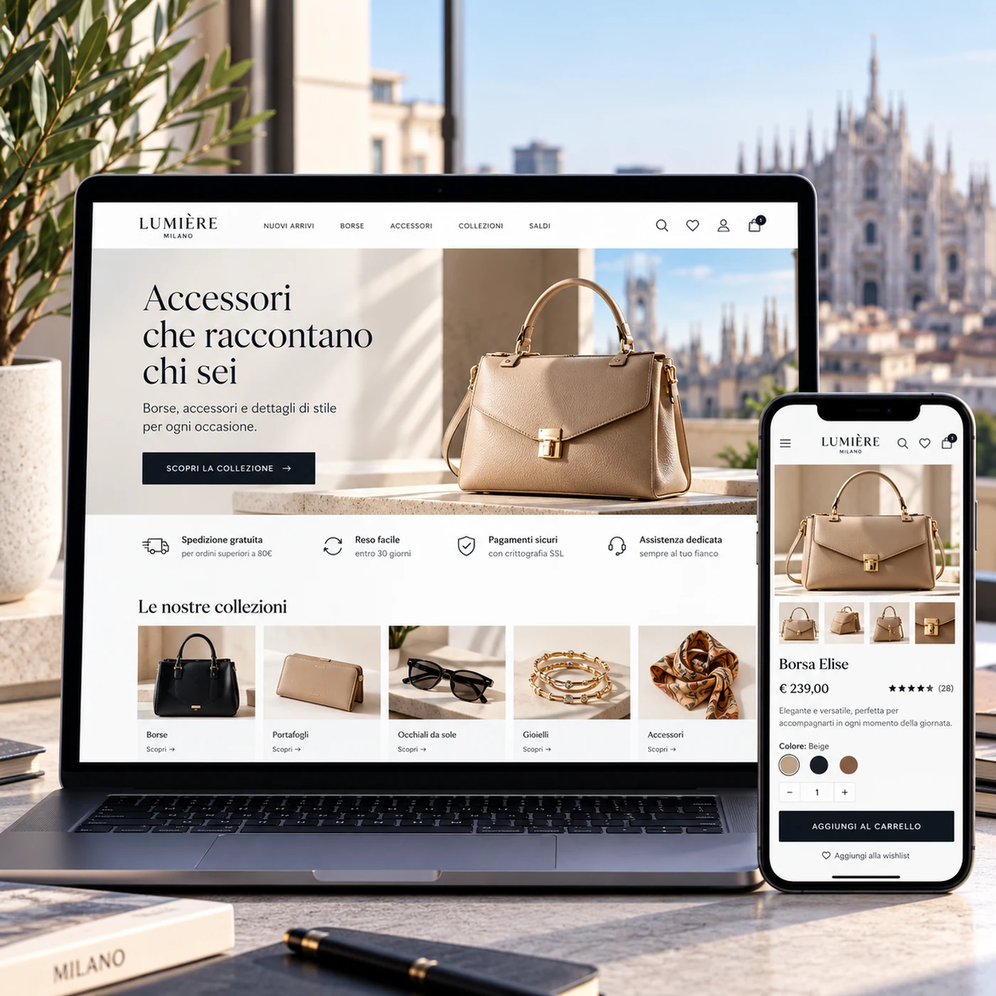 Realizzazione e-commerce Milano: mockup di negozio online professionale visualizzato su computer e smartphone.