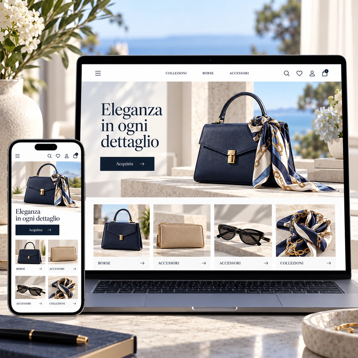 Realizzazione e-commerce Monza: negozio online di borse e accessori su computer e smartphone.