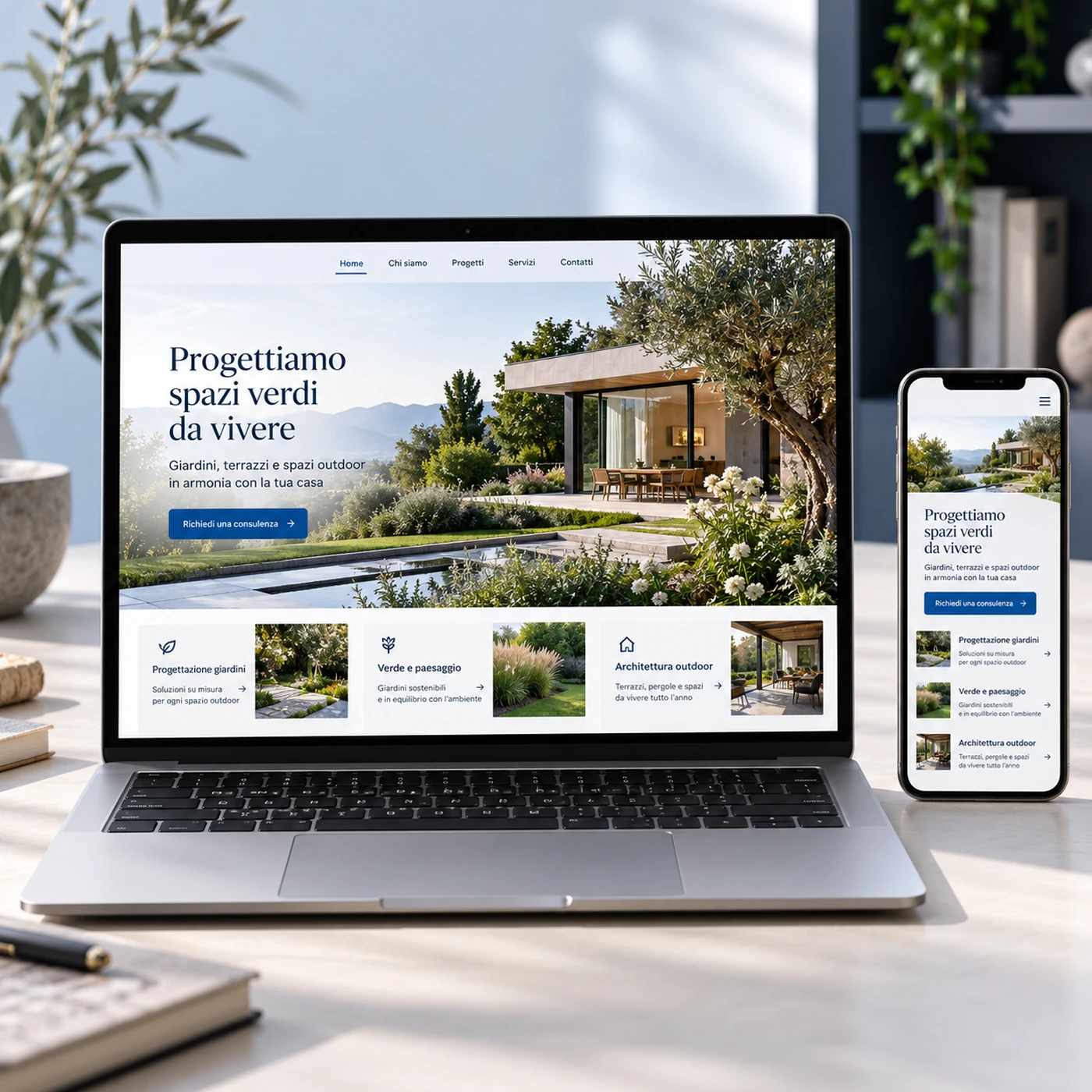 Realizzazione sito web Arcore: mockup di un sito professionale visualizzato su laptop e smartphone.