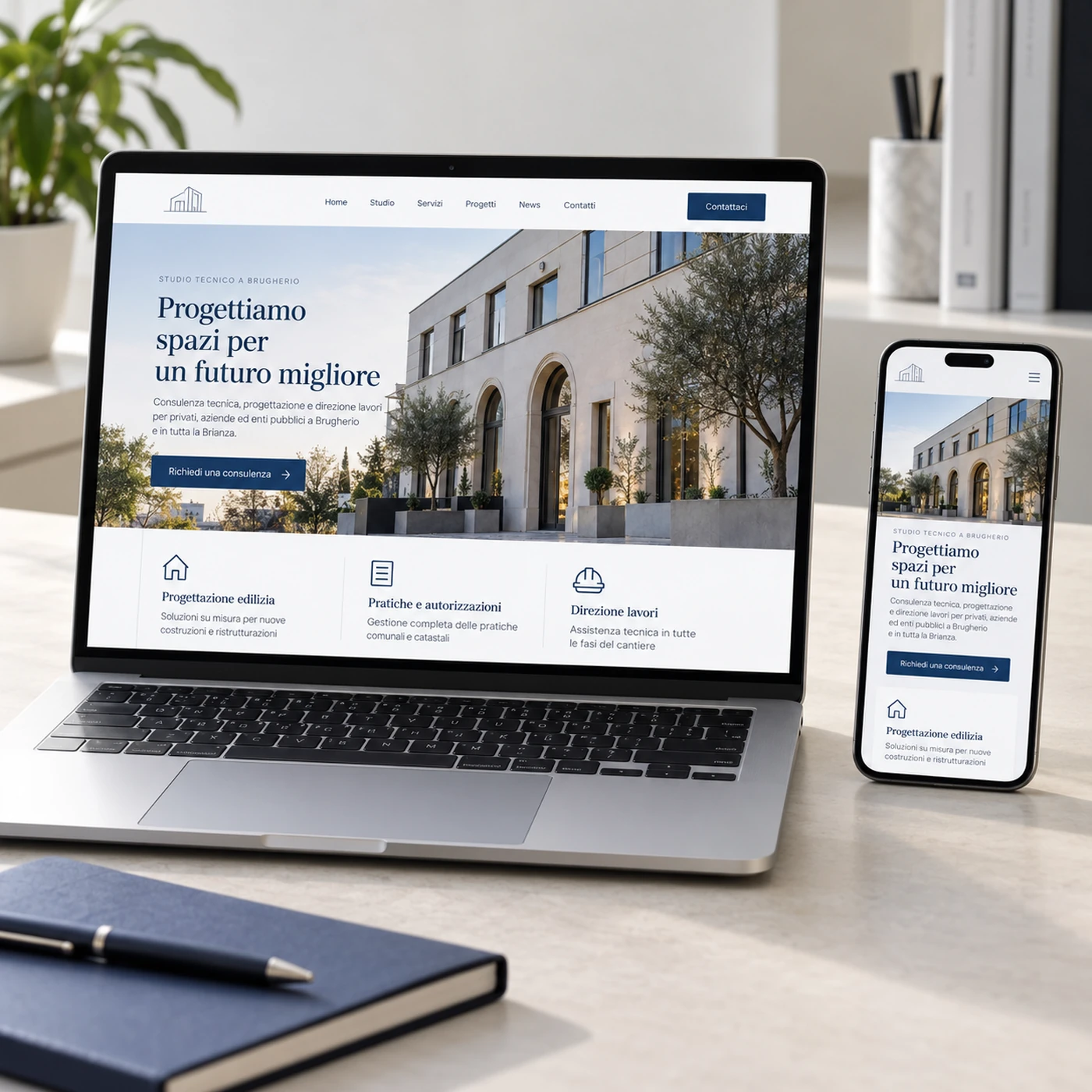 Realizzazione sito web Brugherio: mockup di un sito professionale visualizzato su laptop e smartphone.