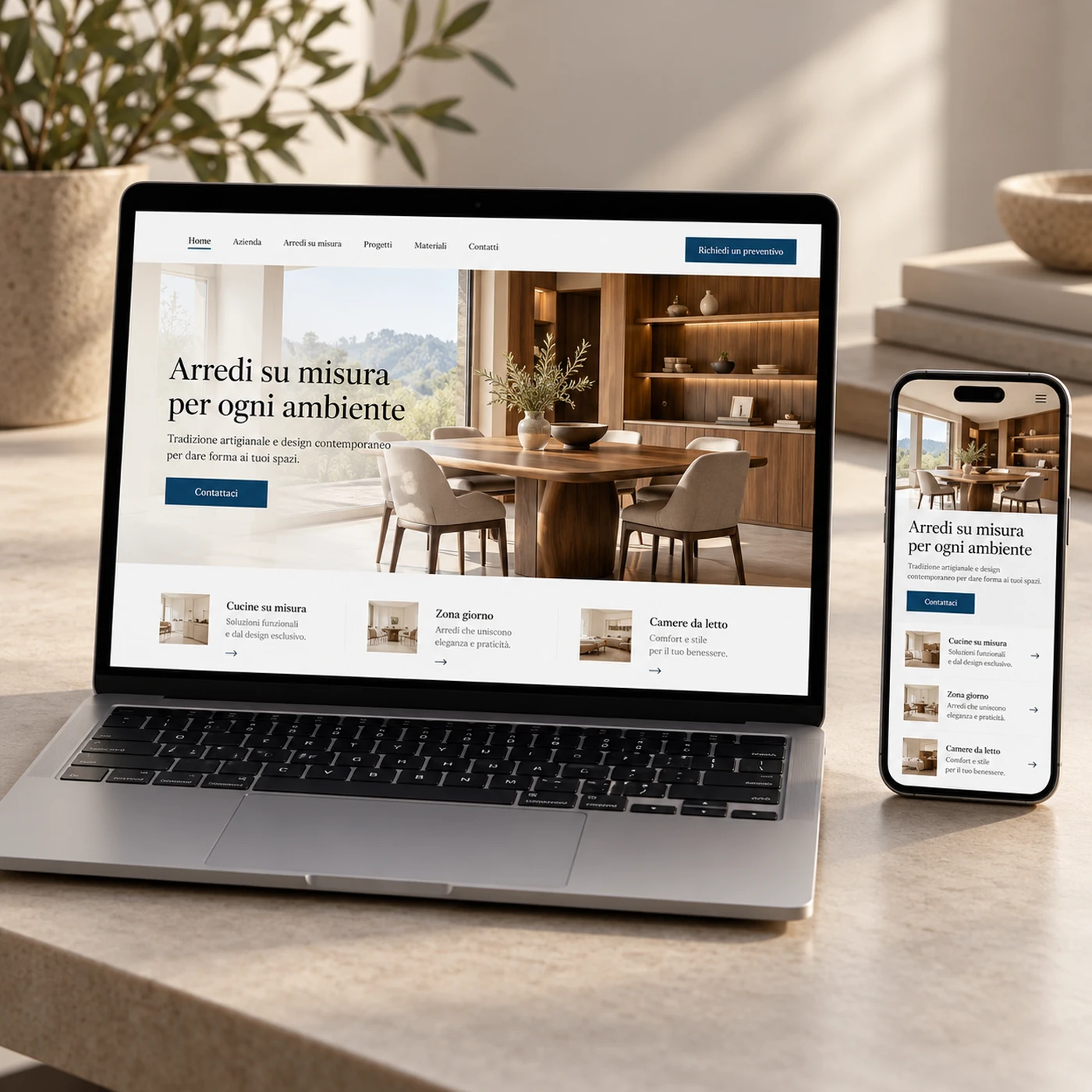 Realizzazione sito web Cantù: mockup di un sito professionale visualizzato su laptop e smartphone.
