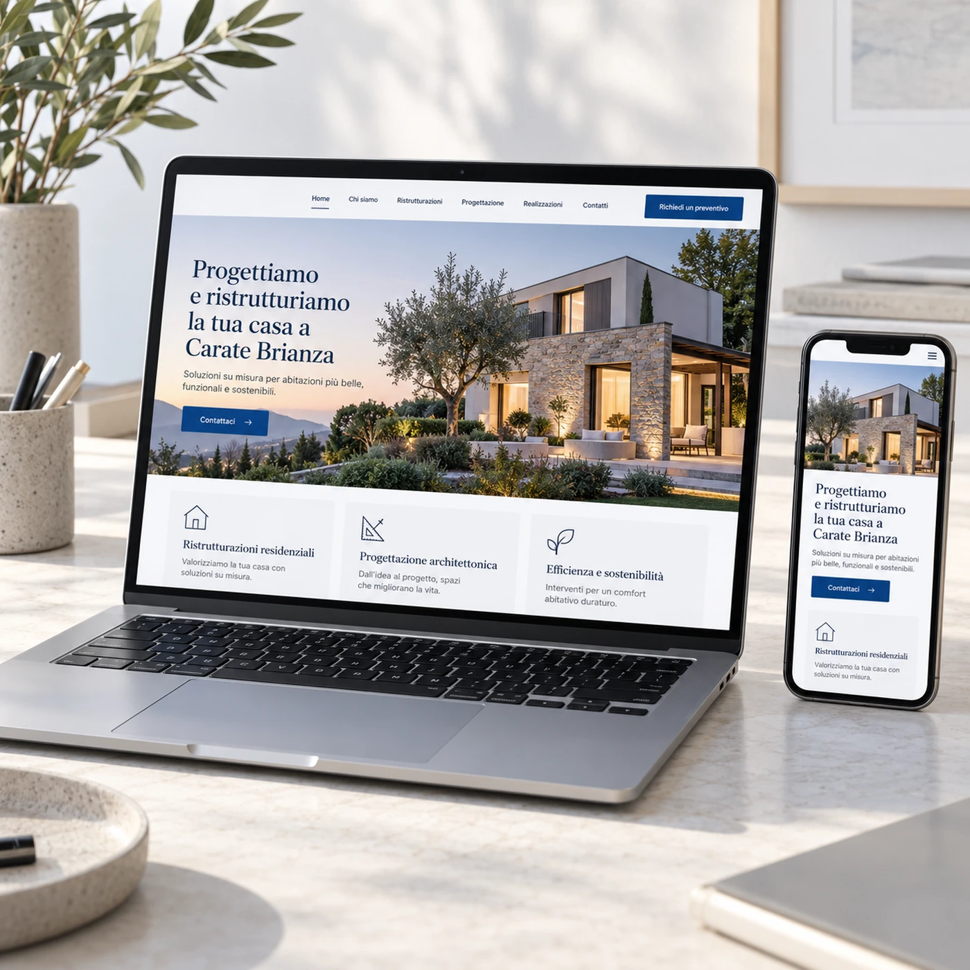Realizzazione sito web Carate Brianza: mockup di un sito professionale visualizzato su laptop e smartphone.