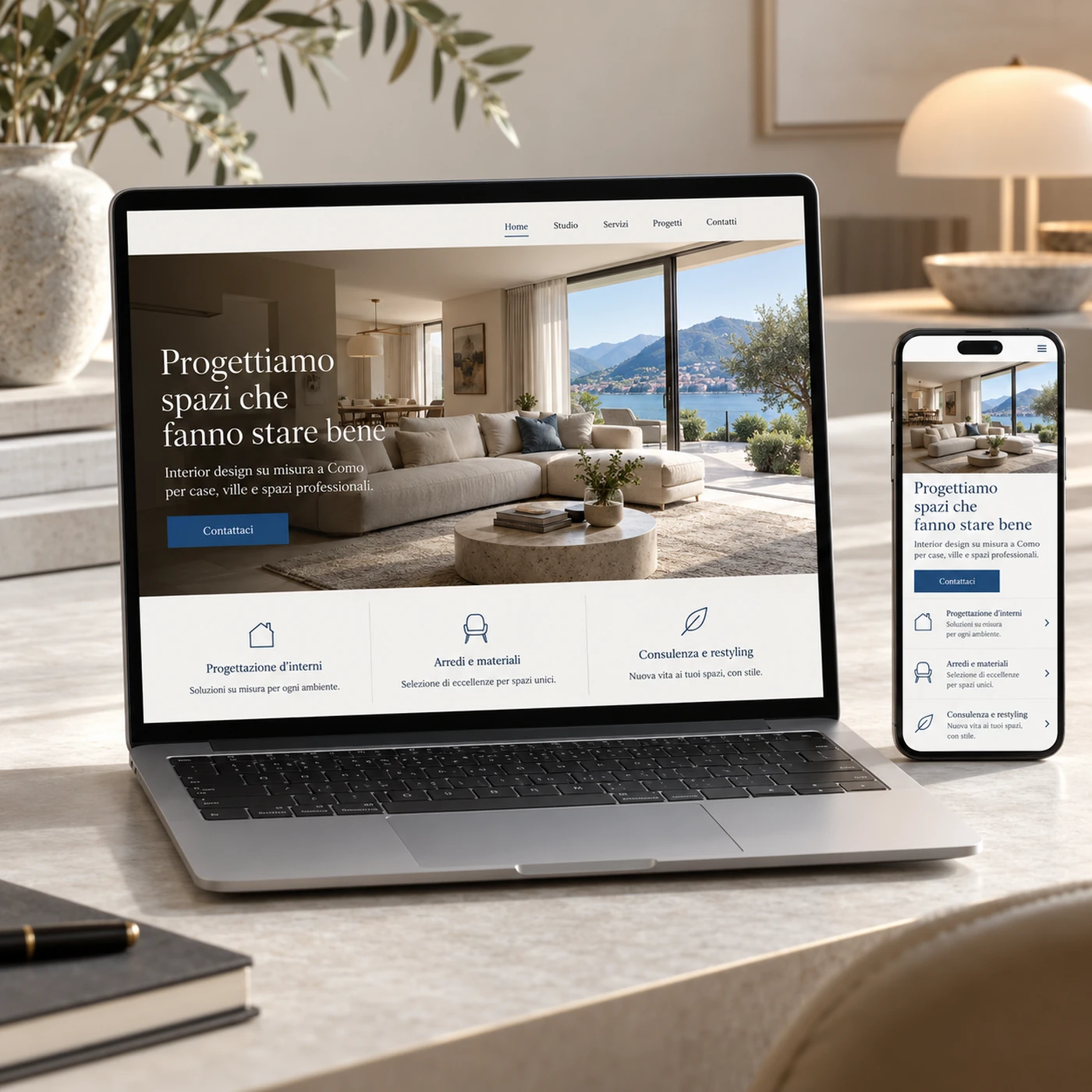 Realizzazione sito web Como: mockup di un sito professionale visualizzato su laptop e smartphone.