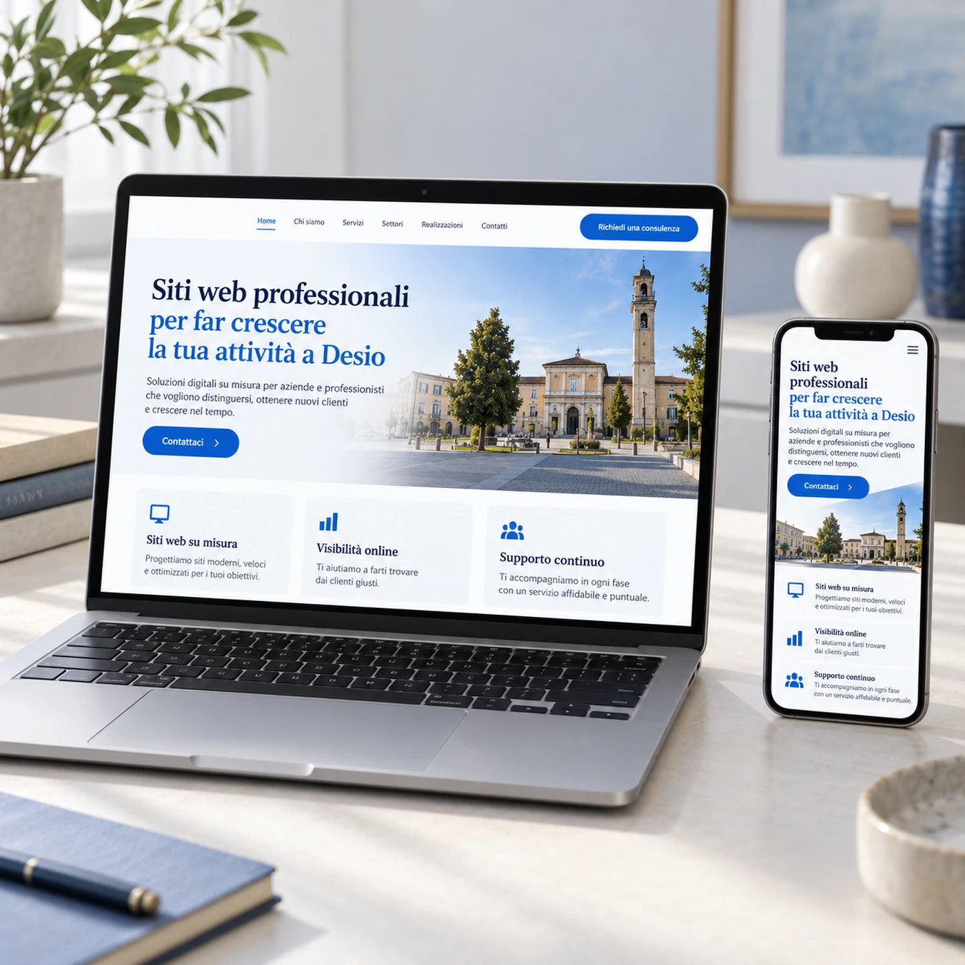 Realizzazione sito web Desio: mockup di un sito professionale visualizzato su laptop e smartphone.