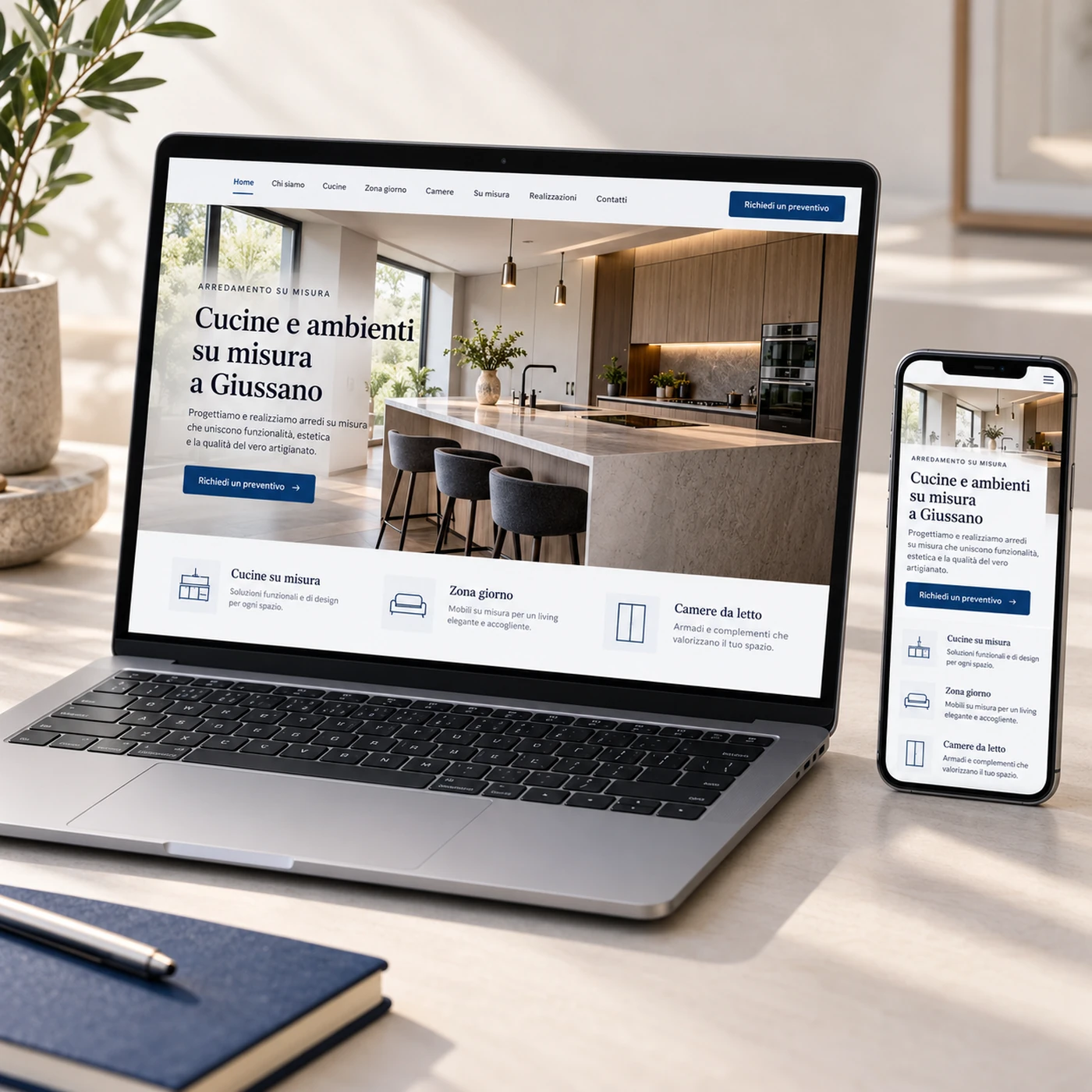 Realizzazione sito web Giussano: mockup di un sito professionale visualizzato su laptop e smartphone.