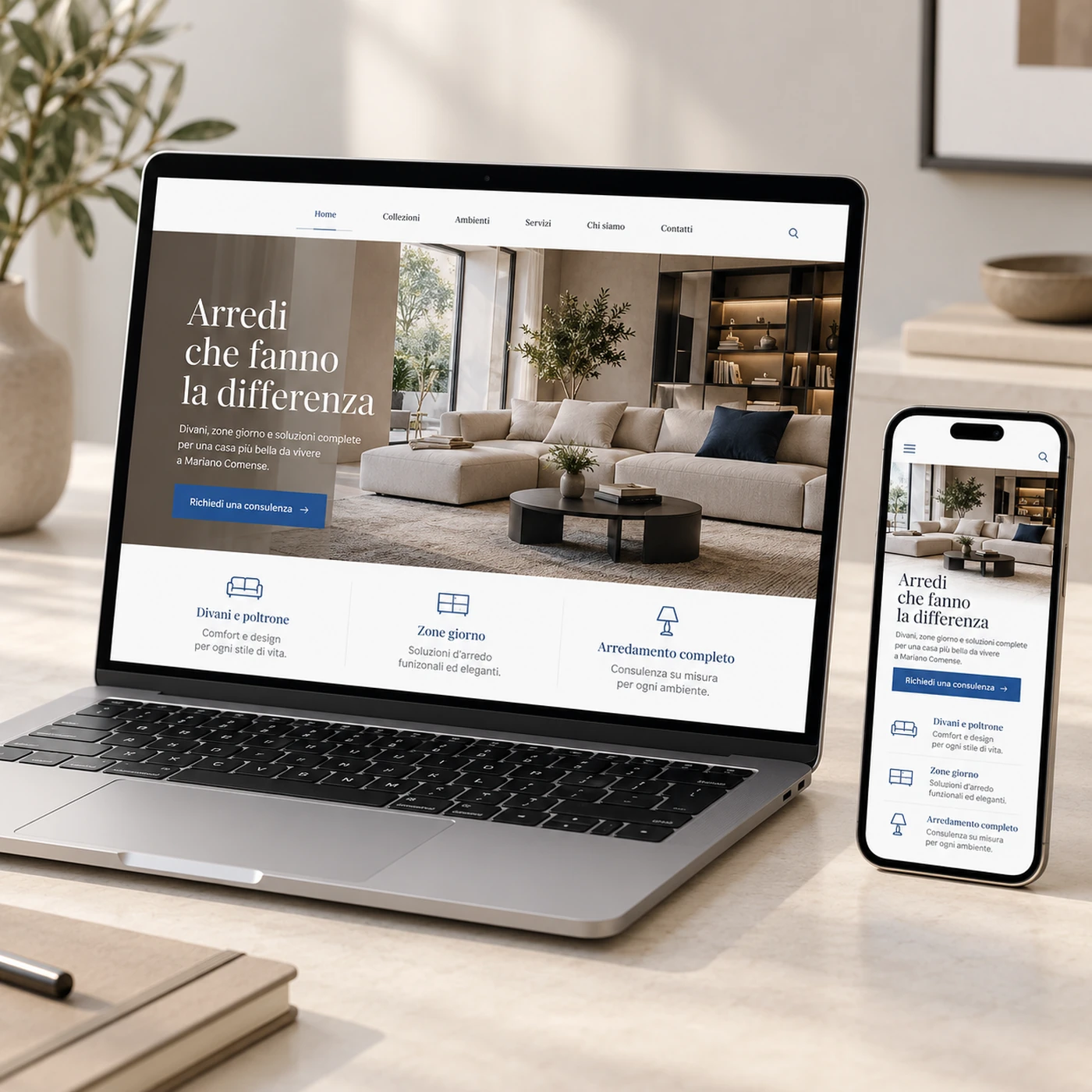 Realizzazione sito web Mariano Comense: mockup di un sito professionale visualizzato su laptop e smartphone.