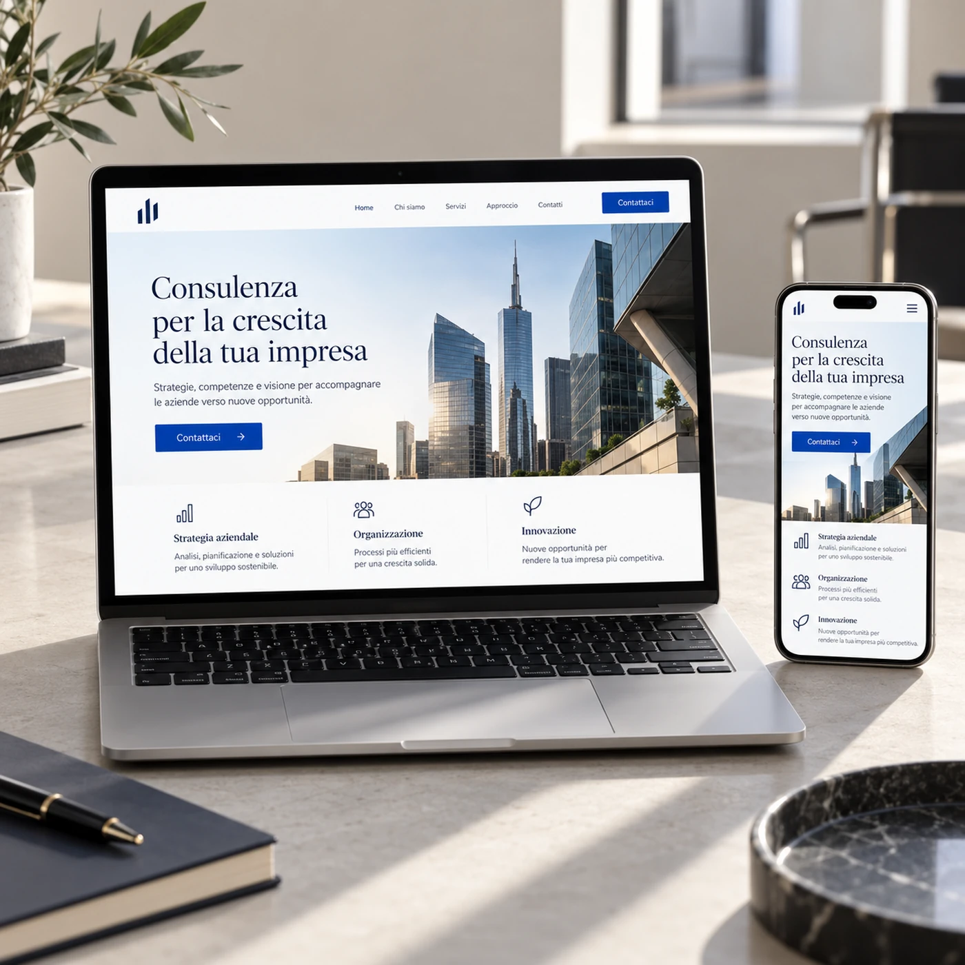 Realizzazione sito web Milano: mockup di un sito professionale visualizzato su laptop e smartphone.