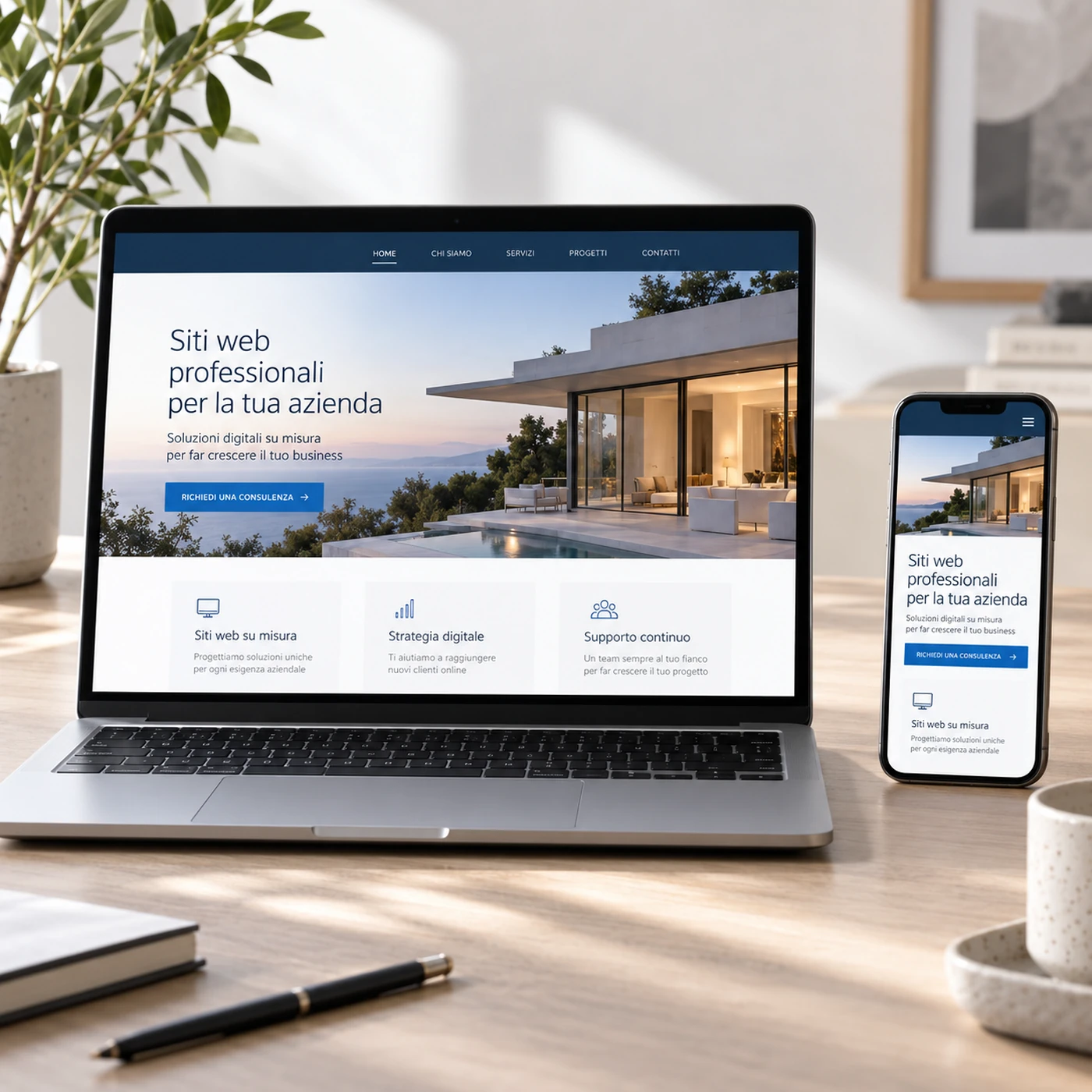 Realizzazione sito web Monza: mockup di un sito aziendale professionale visualizzato su laptop e smartphone.