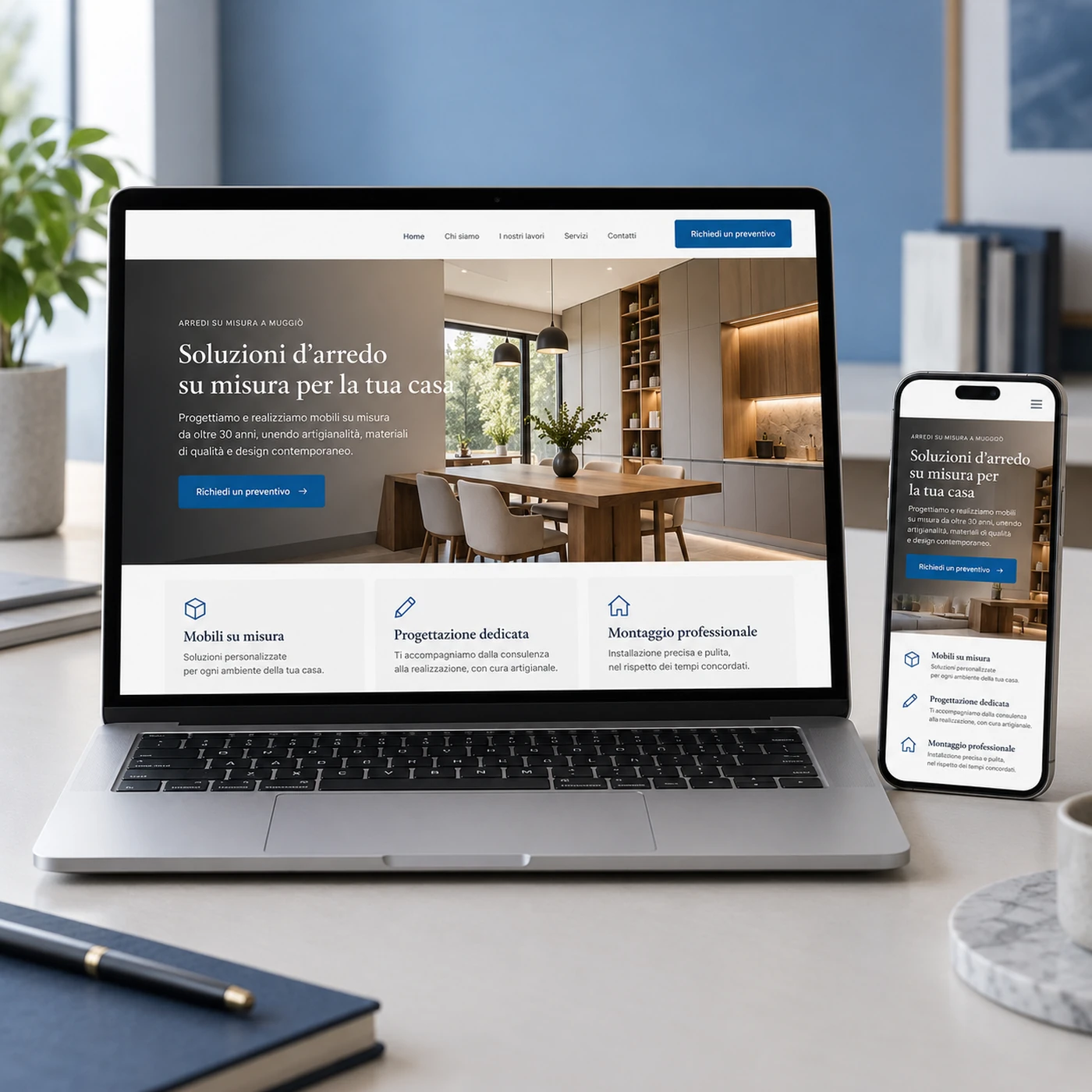 Realizzazione sito web Muggiò: mockup di un sito professionale visualizzato su laptop e smartphone.